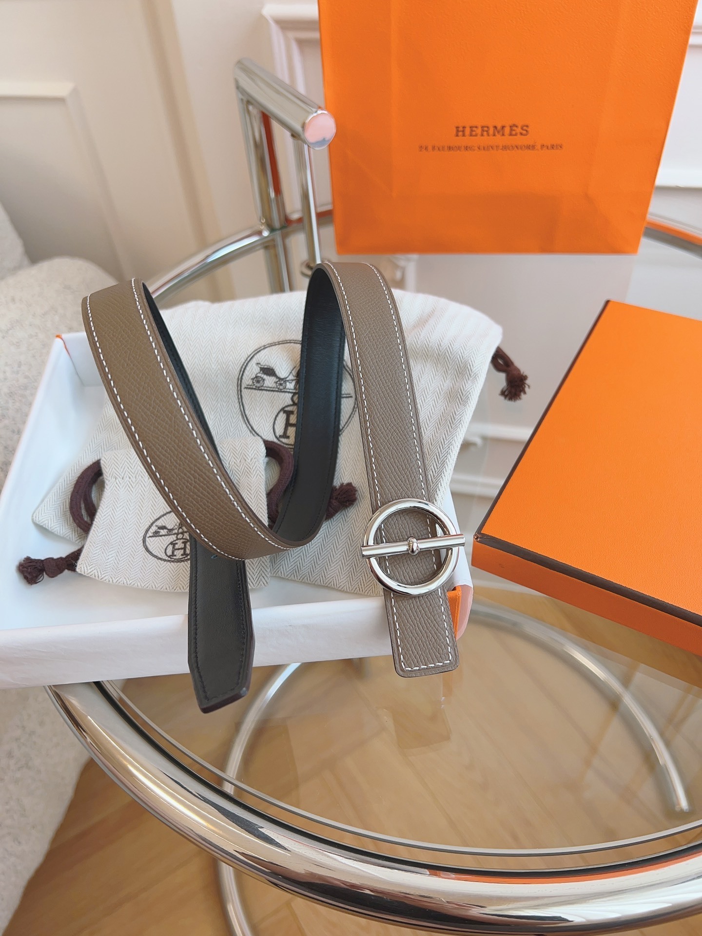 Hermès Reversible Leather Belt with Silver Circle Buckle