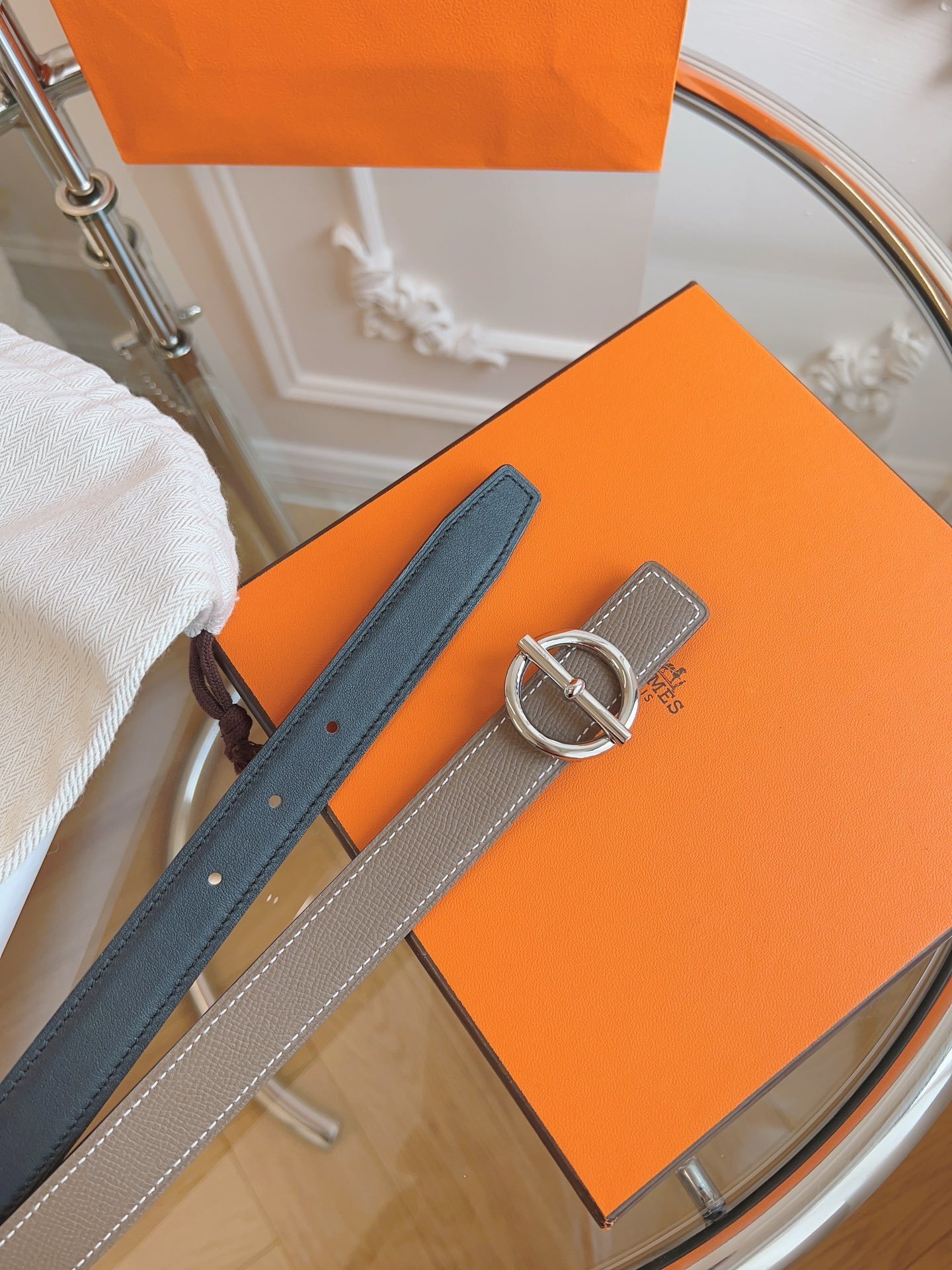 Hermès Reversible Leather Belt with Silver Circle Buckle