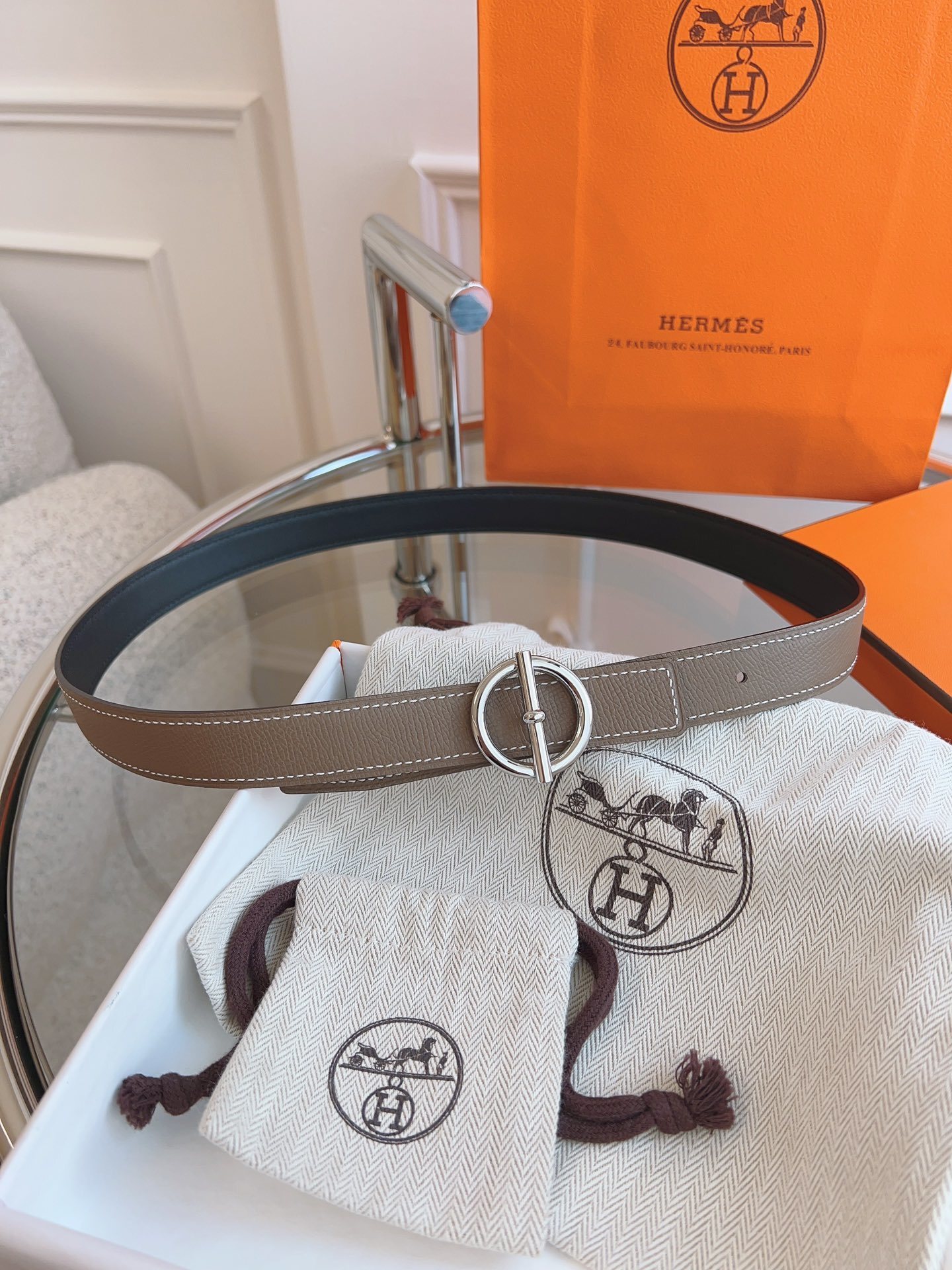 Hermès Reversible Leather Belt with Silver Circle Buckle