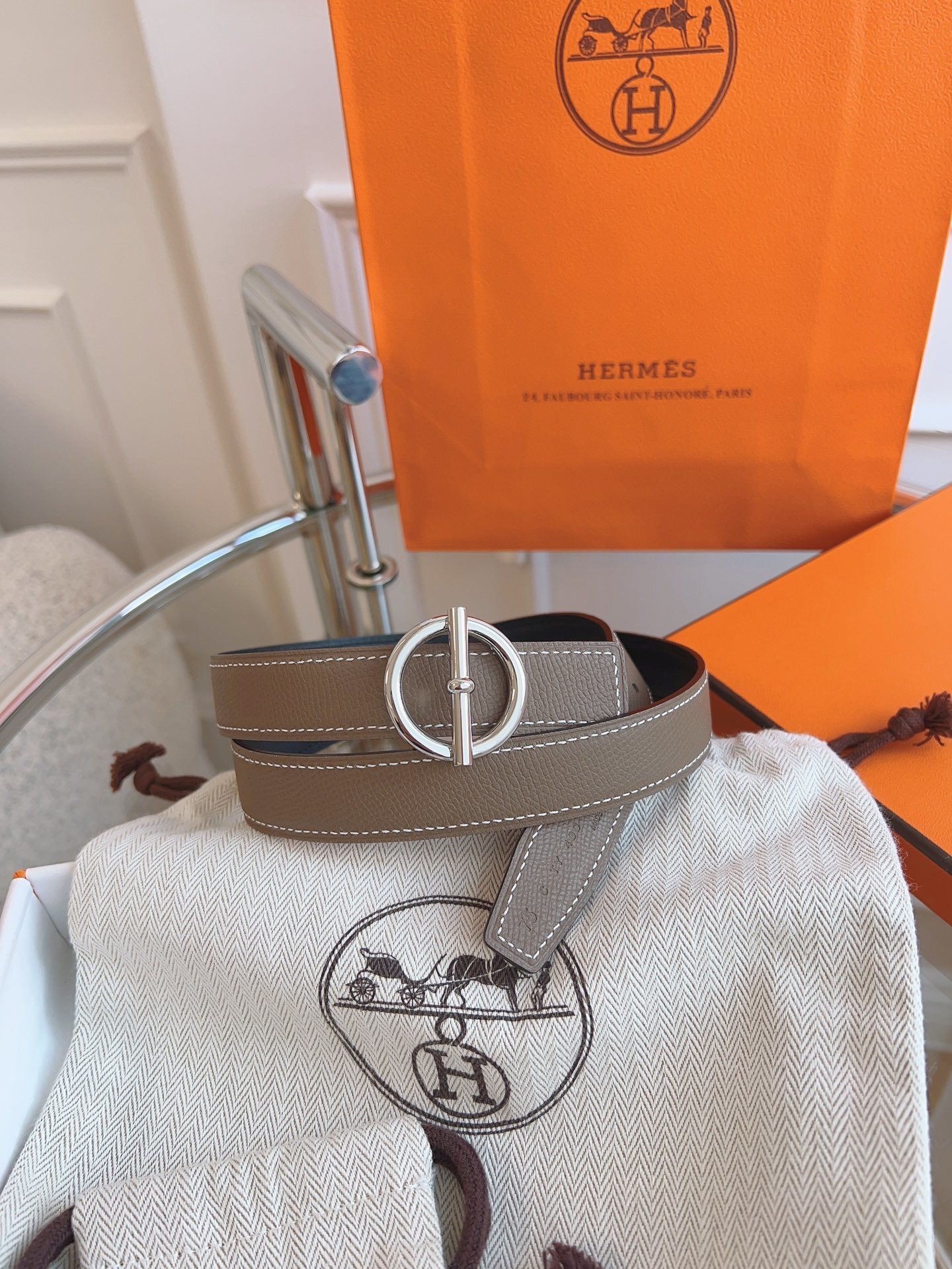Hermès Reversible Leather Belt with Silver Circle Buckle