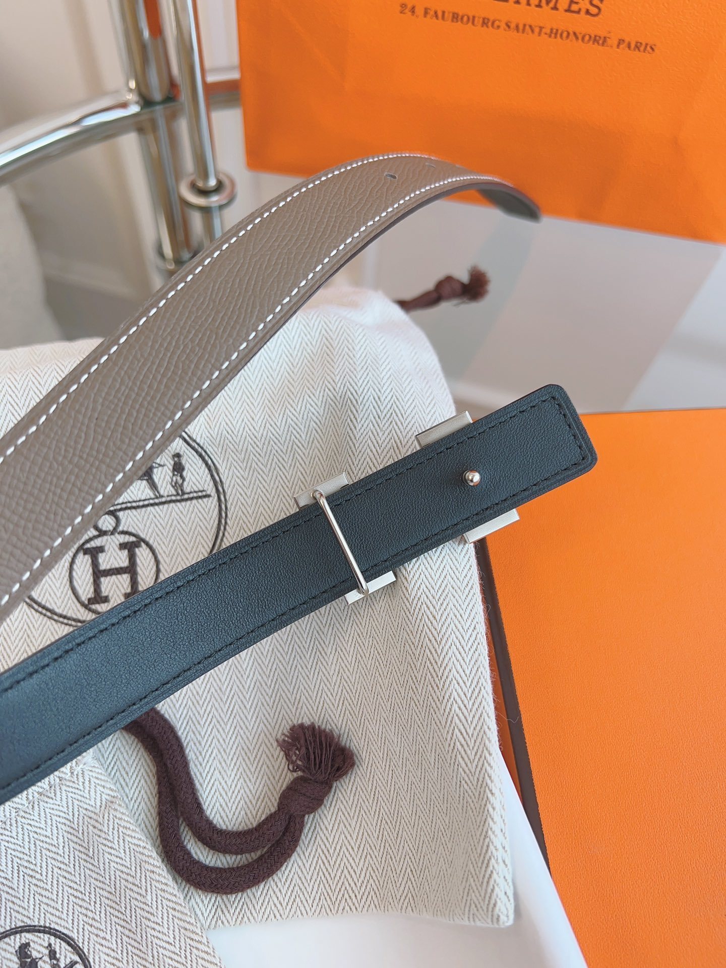 Hermès H Buckle Belt in Etoupe Leather with Silver Hardware