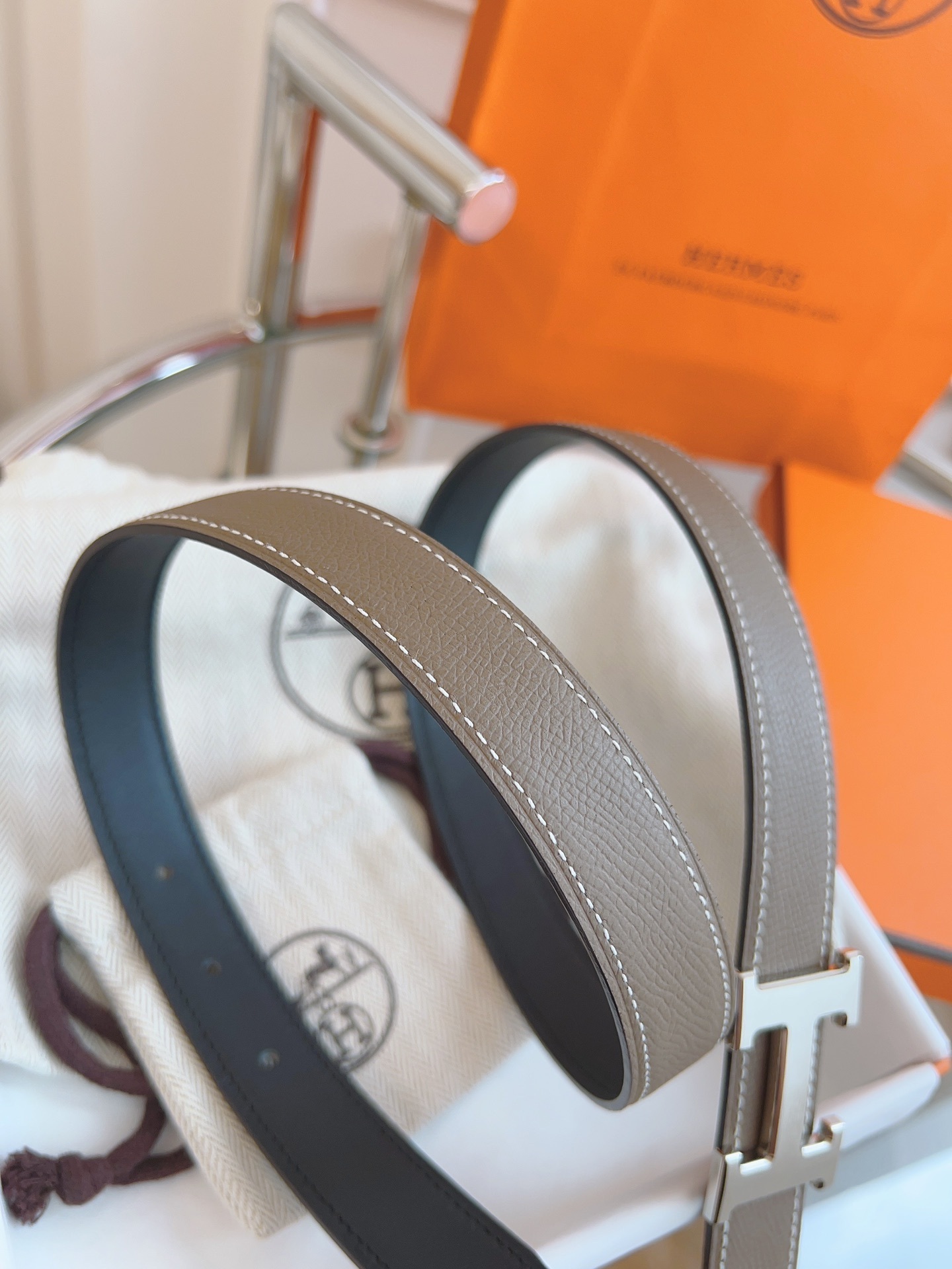 Hermès H Buckle Belt in Etoupe Leather with Silver Hardware