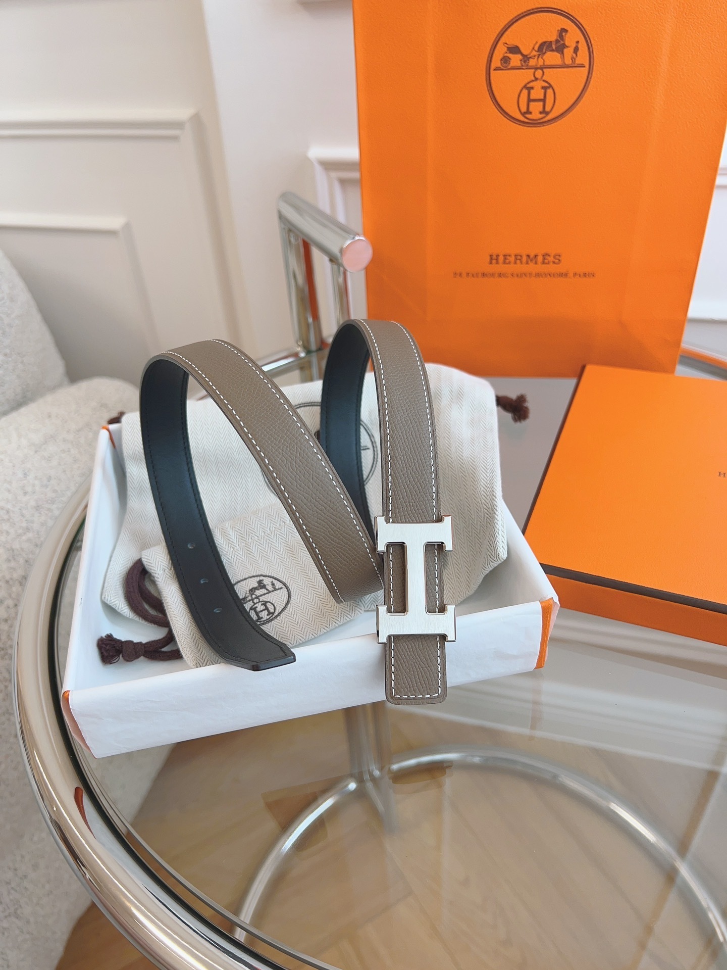 Hermès H Buckle Belt in Etoupe Leather with Silver Hardware