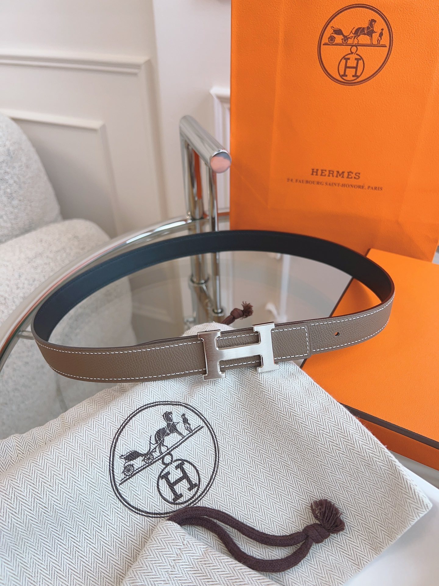 Hermès H Buckle Belt in Etoupe Leather with Silver Hardware