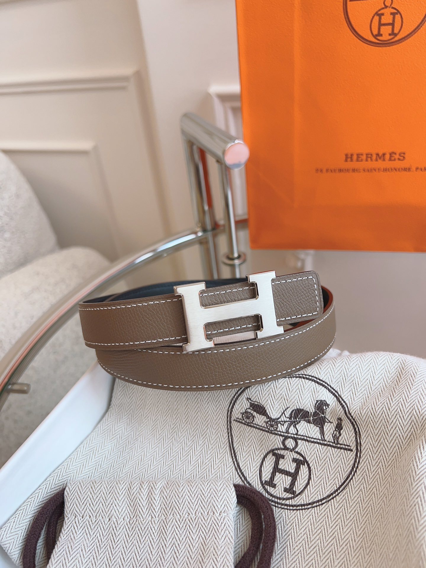 Hermès H Buckle Belt in Etoupe Leather with Silver Hardware