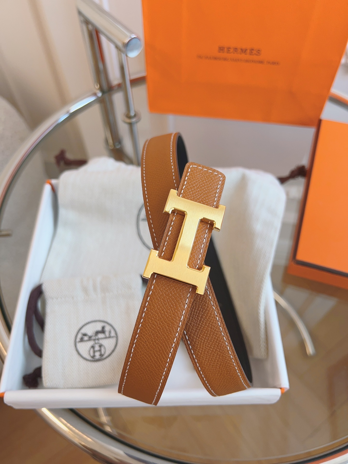 Hermès Reversible Leather Belt with Gold H Buckle