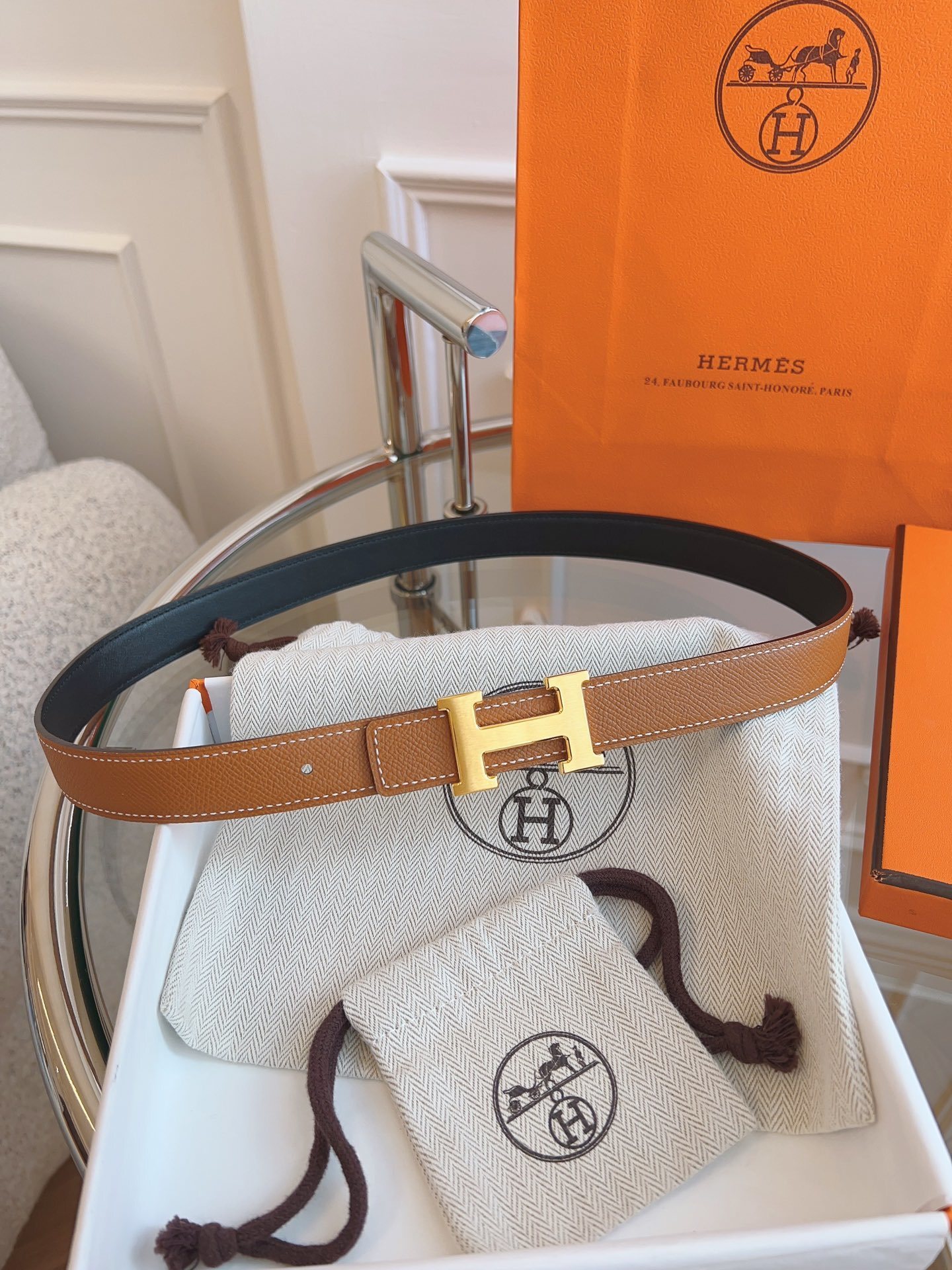 Hermès Reversible Leather Belt with Gold H Buckle
