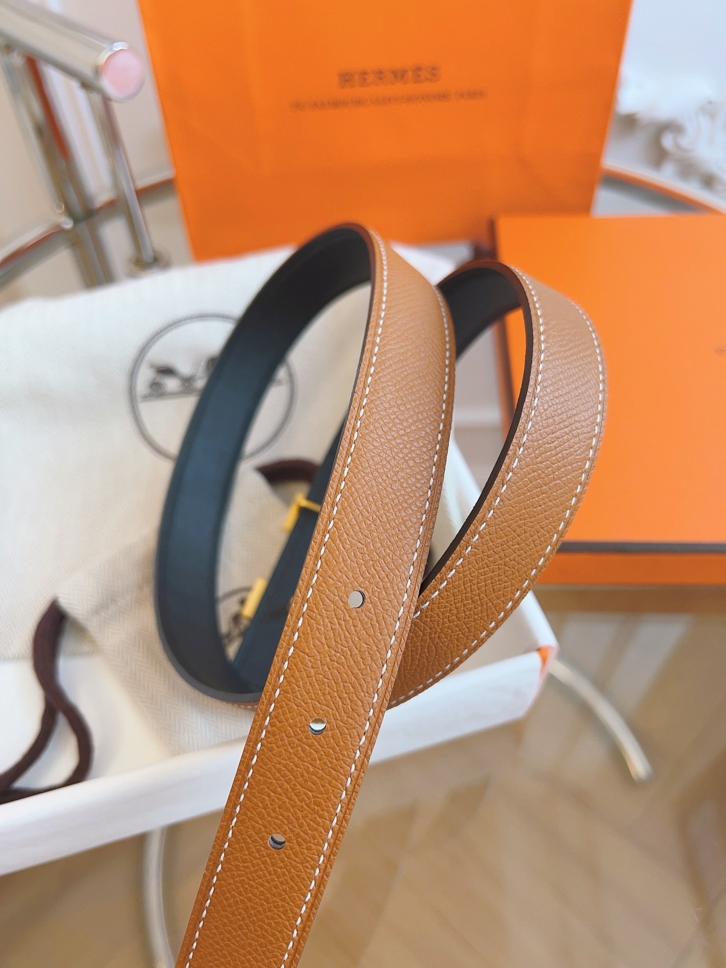 Hermès Reversible Leather Belt with Gold H Buckle