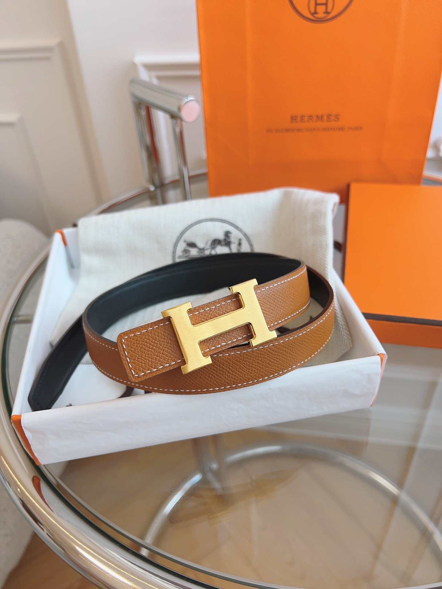 Hermès Reversible Leather Belt with Gold H Buckle