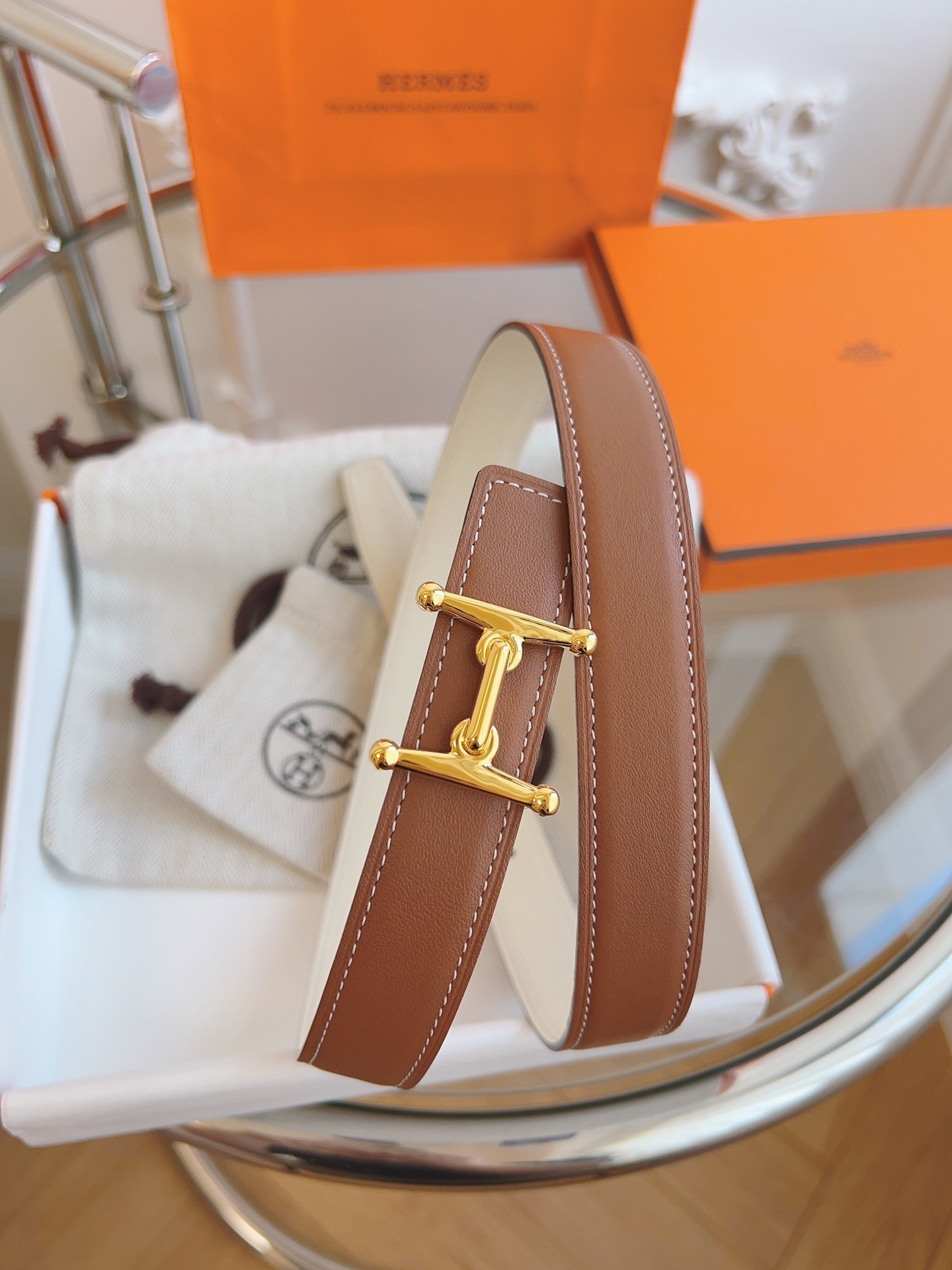 Hermès Reversible Leather Belt with Iconic Gold-Tone H Buckle