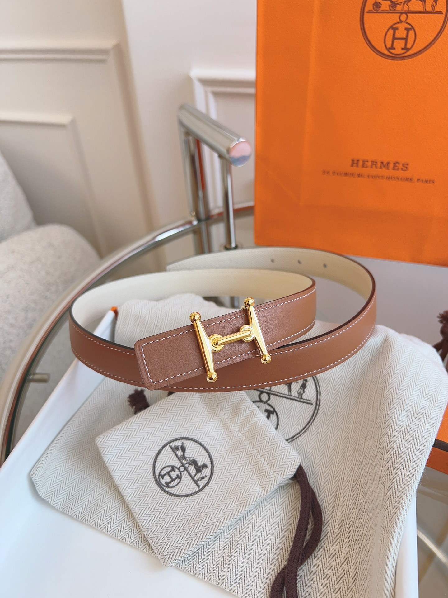 Hermès Reversible Leather Belt with Iconic Gold-Tone H Buckle