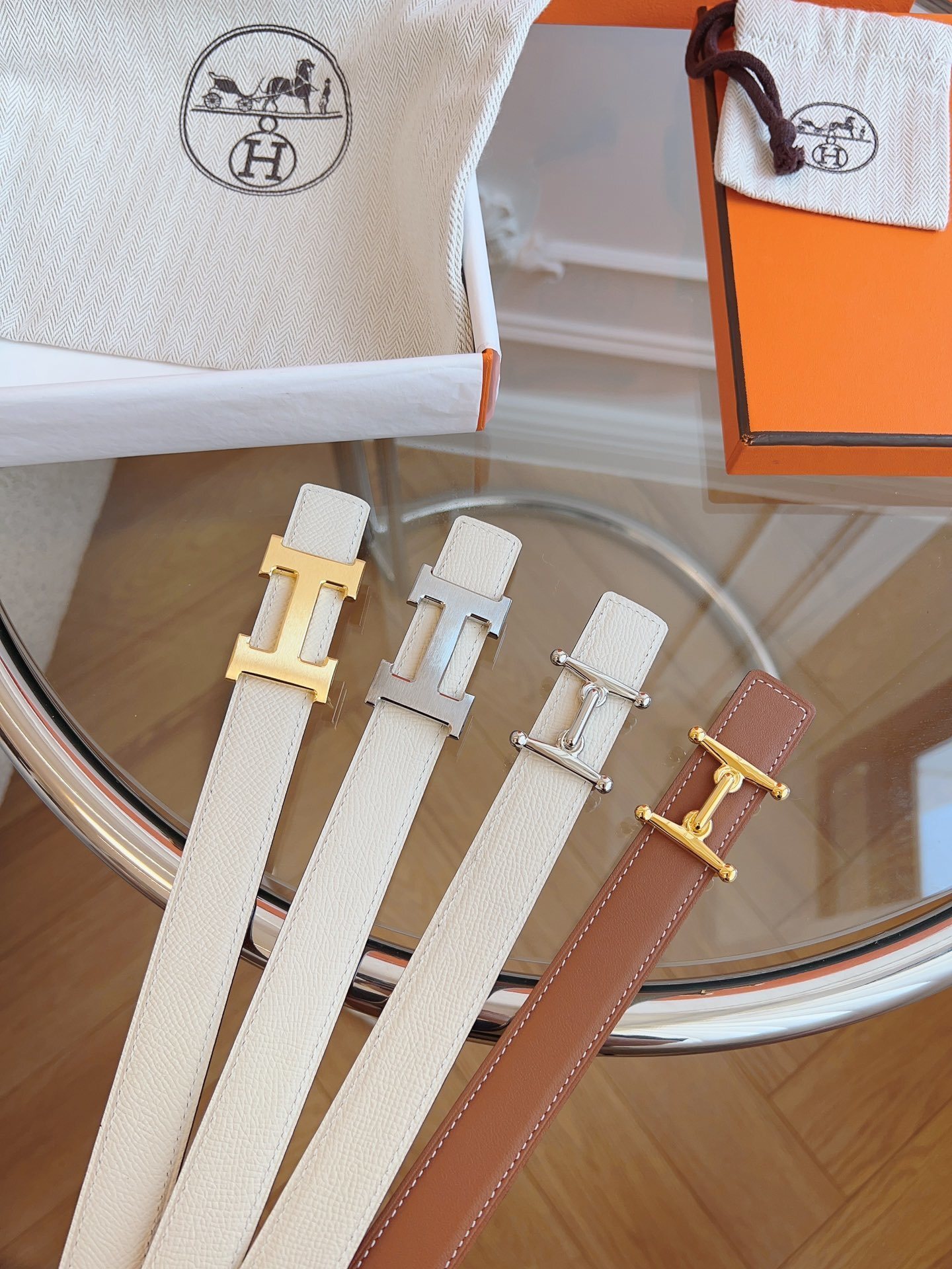 Hermès Reversible Belt with Gold H Buckle - White & Brown Leather