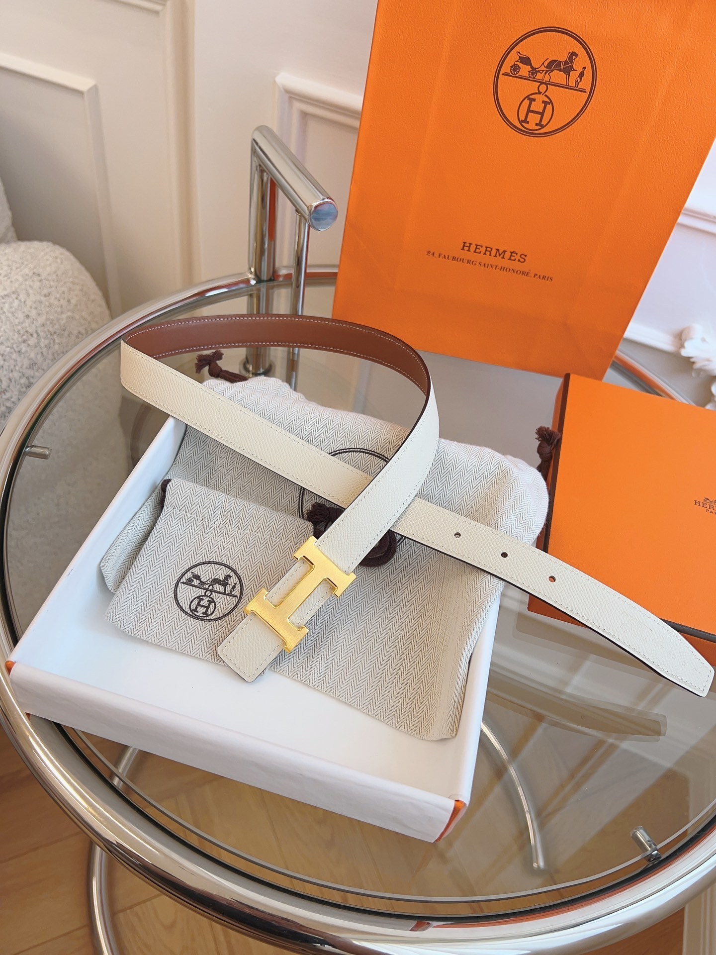 Hermès Reversible Belt with Gold H Buckle - White & Brown Leather