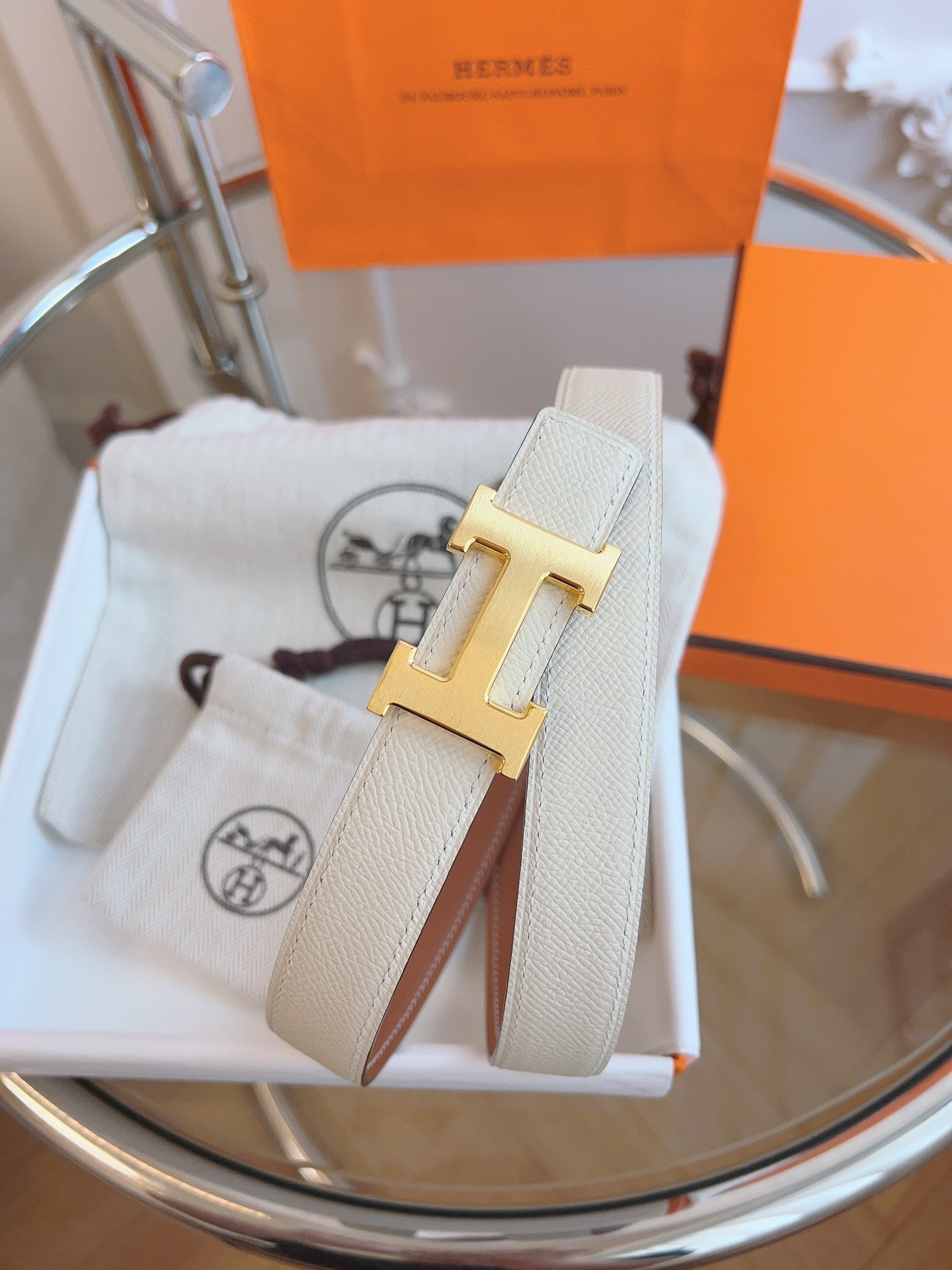 Hermès Reversible Belt with Gold H Buckle - White & Brown Leather