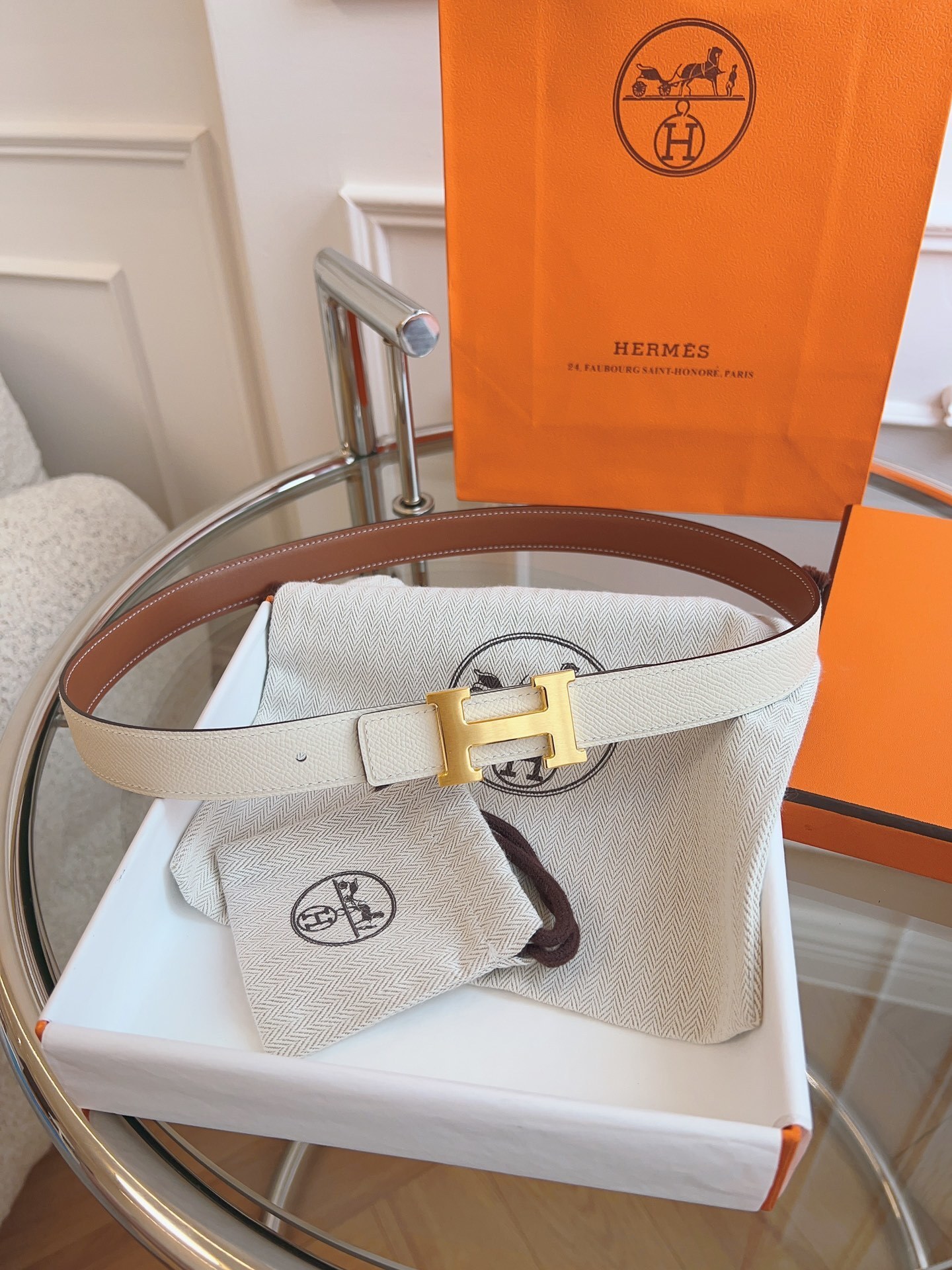 Hermès Reversible Belt with Gold H Buckle - White & Brown Leather