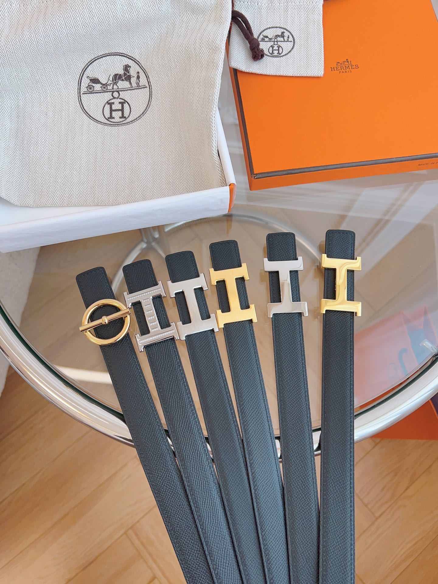 Hermes Men's Reversible Leather Belt with Silver H Buckle - Black