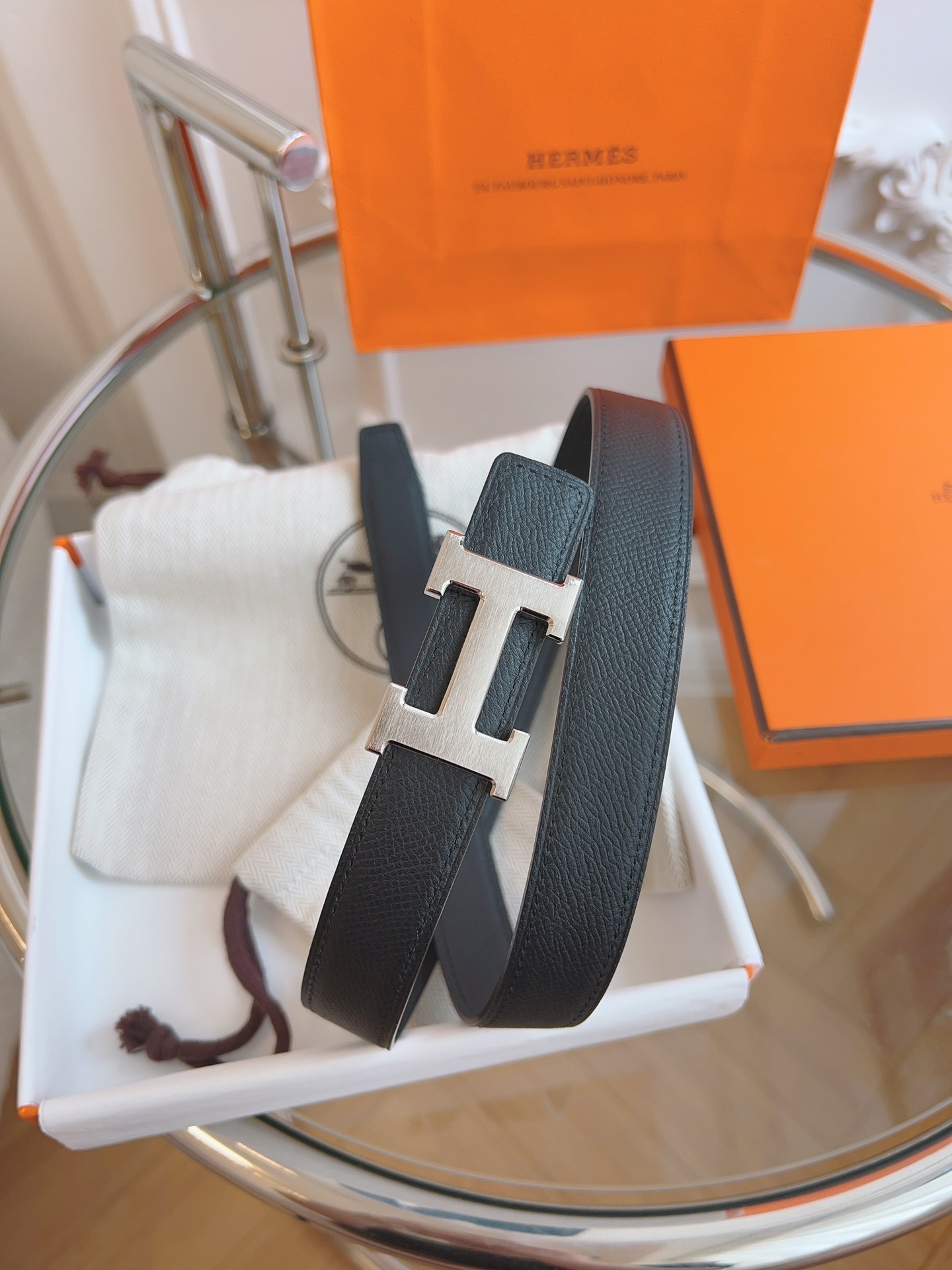 Hermes Men's Reversible Leather Belt with Silver H Buckle - Black