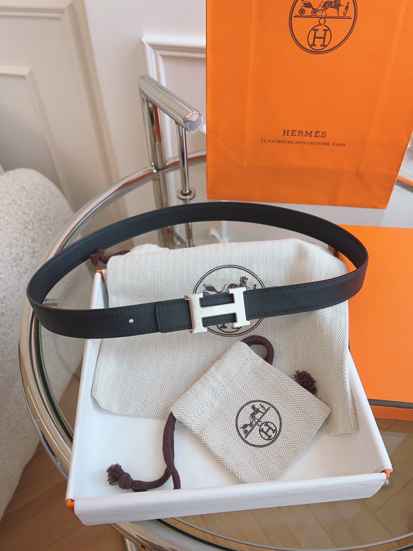 Hermes Men's Reversible Leather Belt with Silver H Buckle - Black