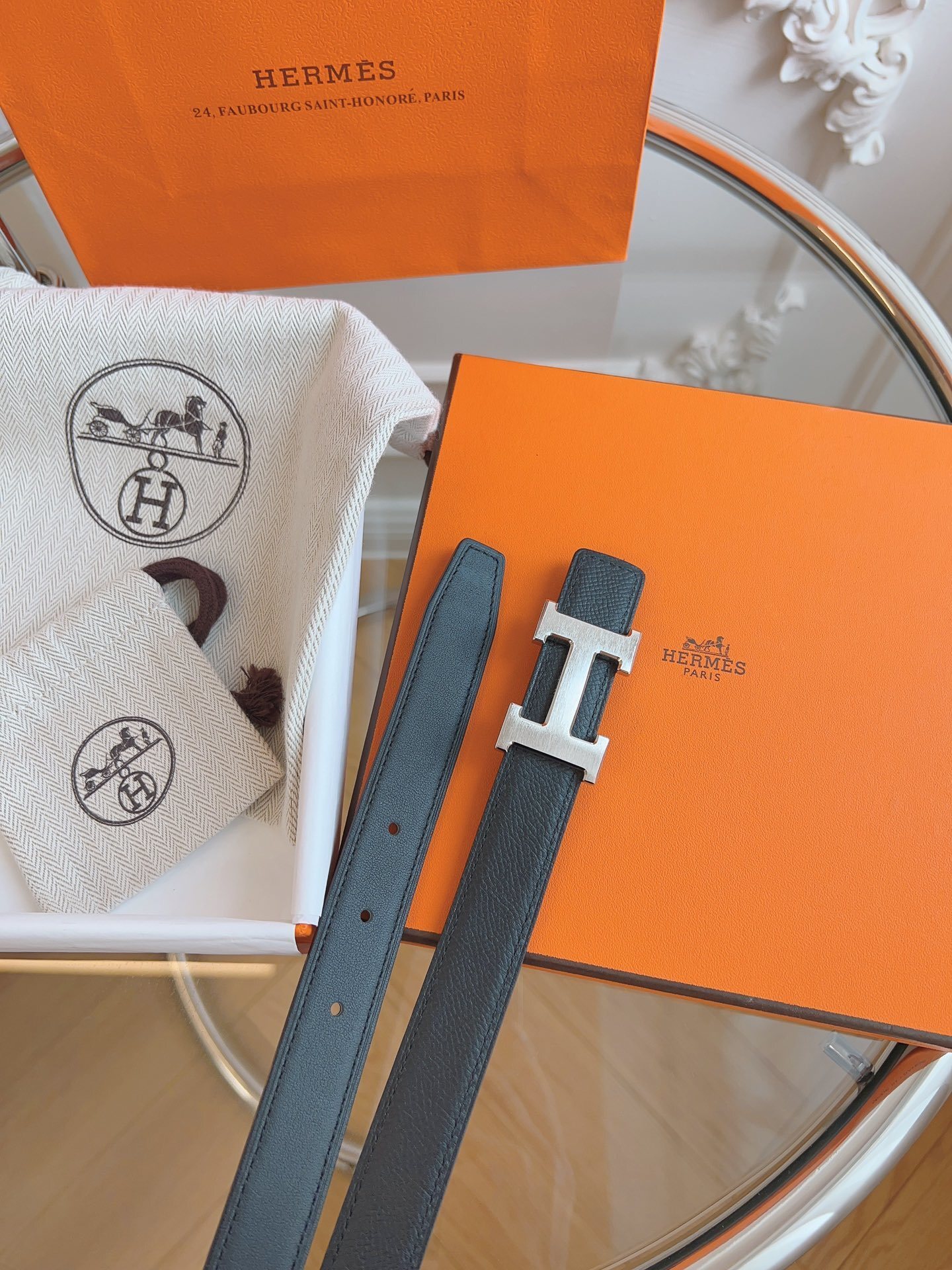 Hermes Men's Reversible Leather Belt with Silver H Buckle - Black