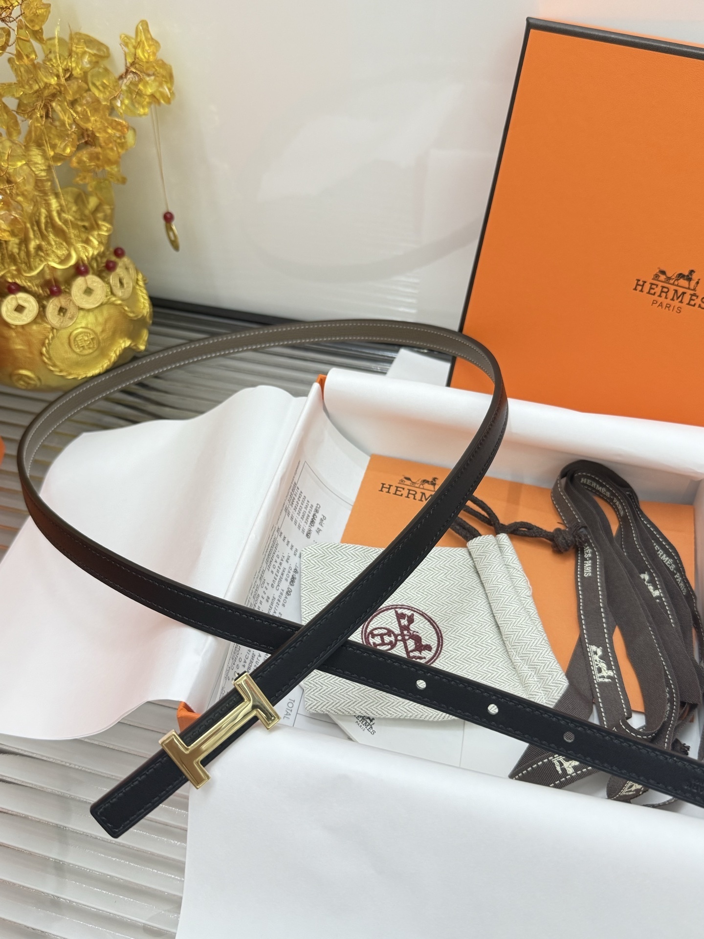 Hermes Thin Leather Belt for Women with Gold-Tone H Buckle