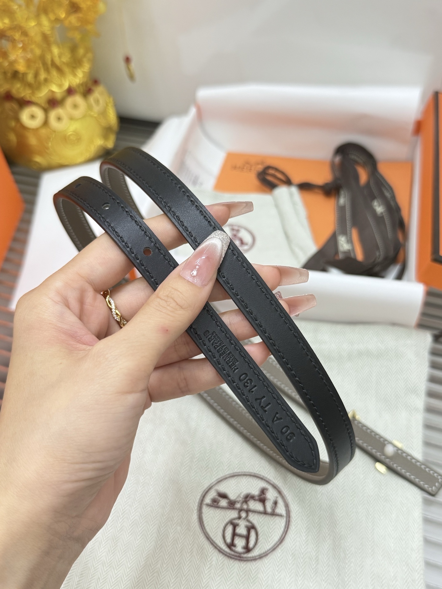 Hermes Thin Leather Belt for Women with Gold-Tone H Buckle