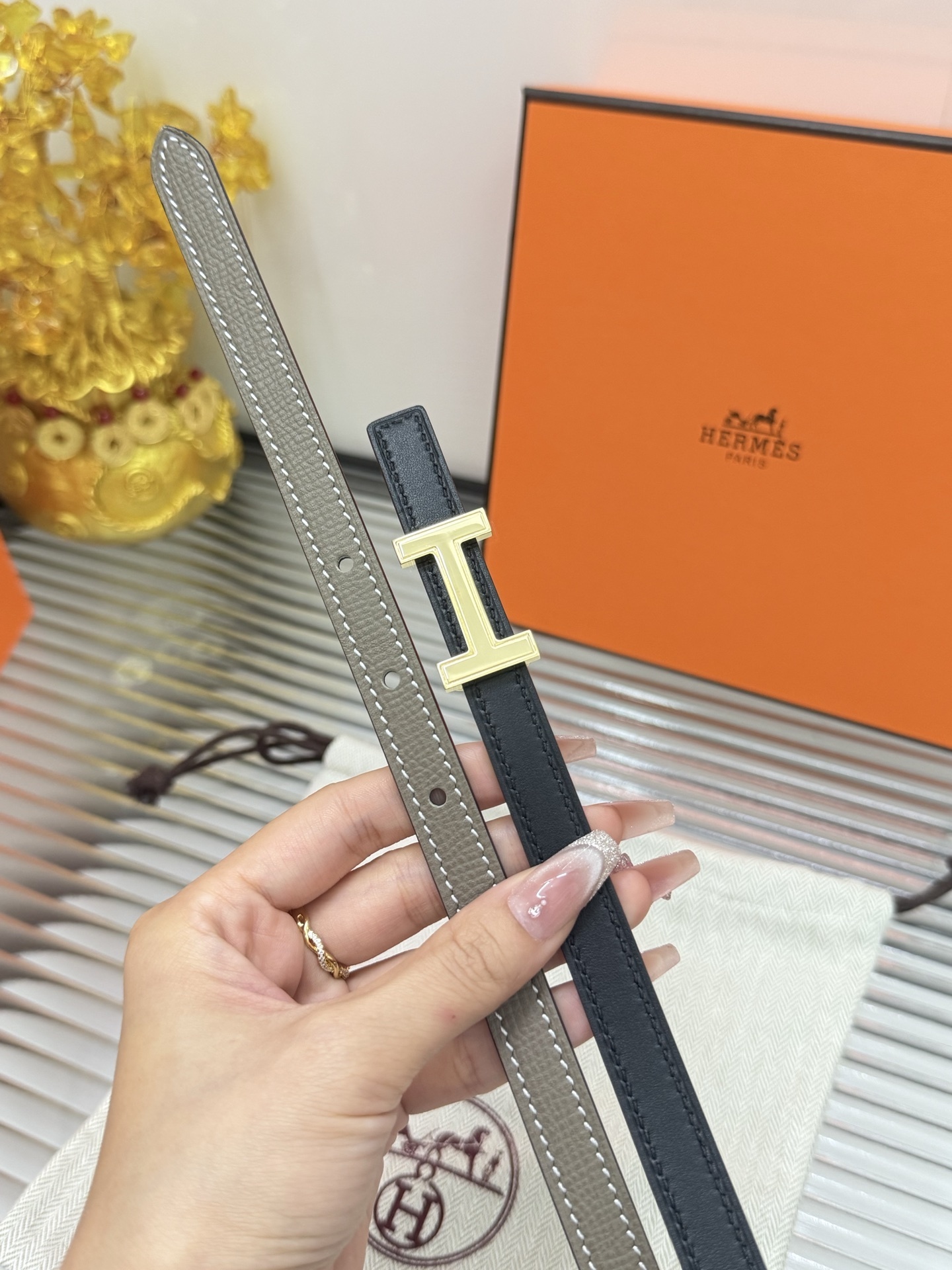 Hermes Thin Leather Belt for Women with Gold-Tone H Buckle