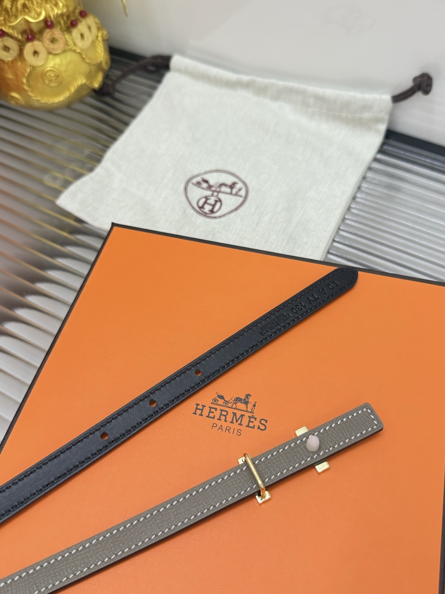 Hermes Thin Leather Belt for Women with Gold-Tone H Buckle