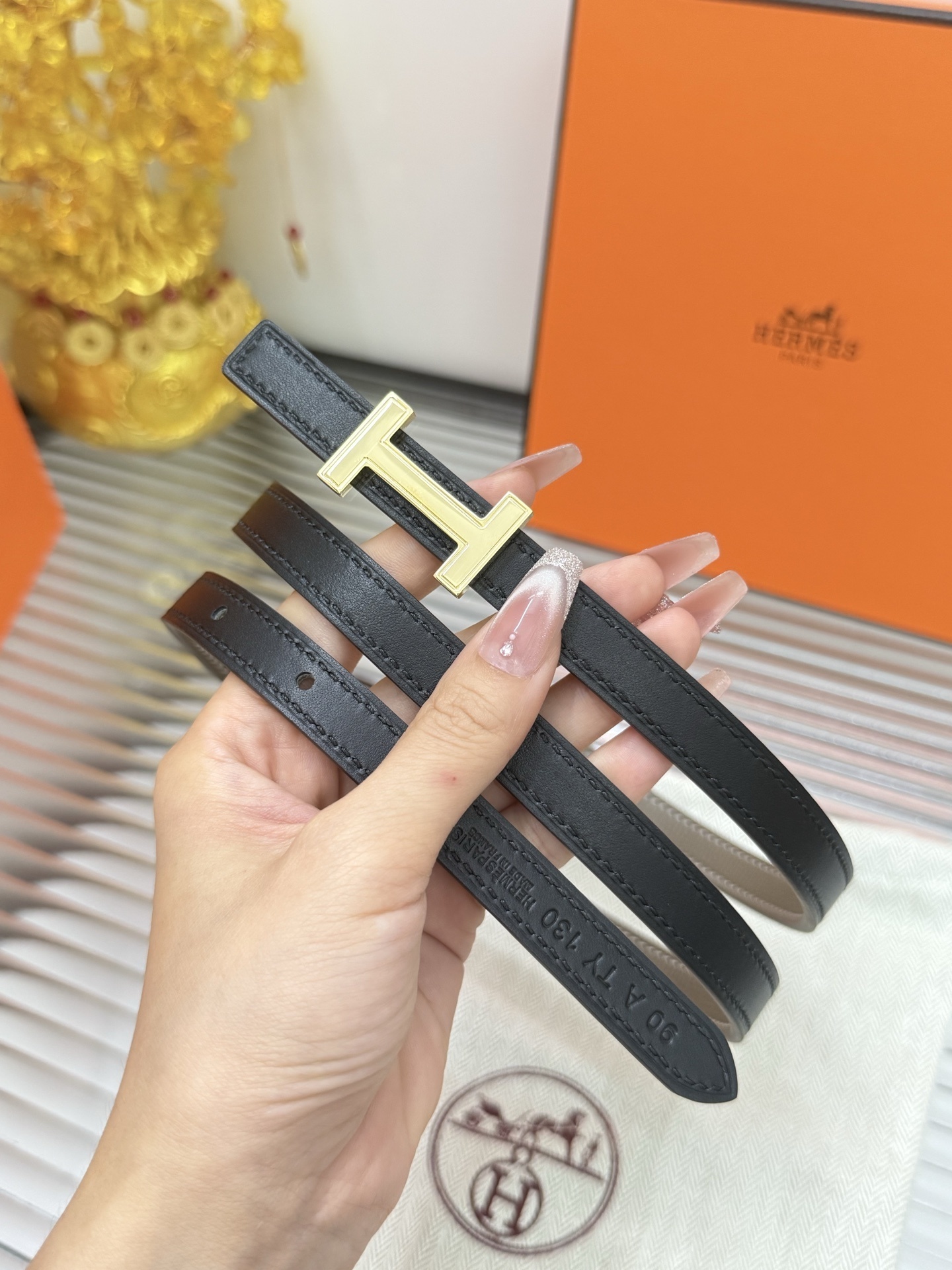 Hermes Thin Leather Belt for Women with Gold-Tone H Buckle