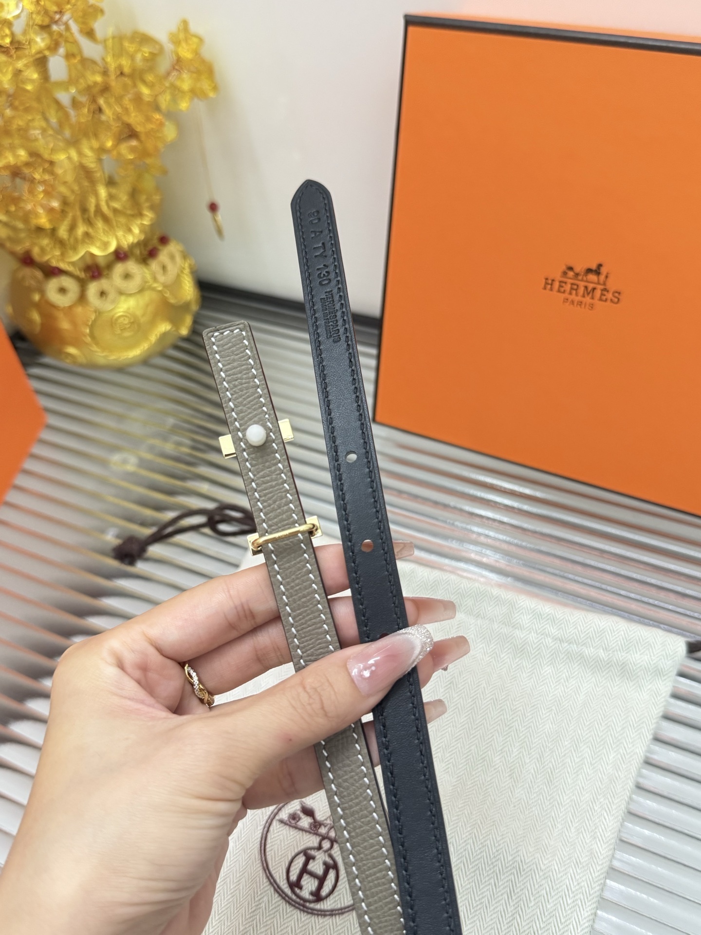 Hermes Thin Leather Belt for Women with Gold-Tone H Buckle