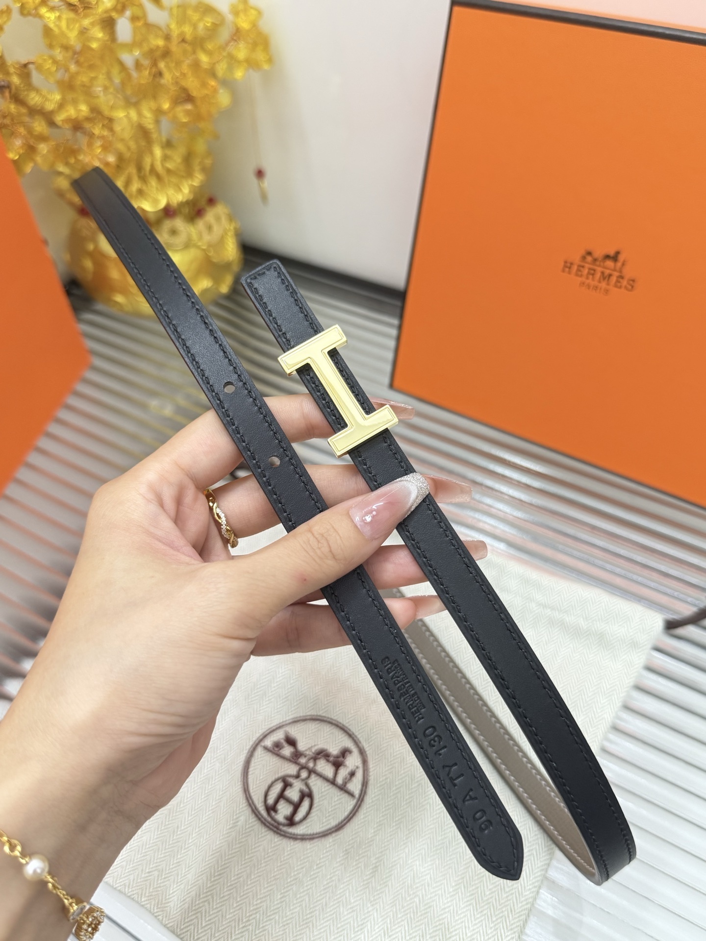 Hermes Thin Leather Belt for Women with Gold-Tone H Buckle