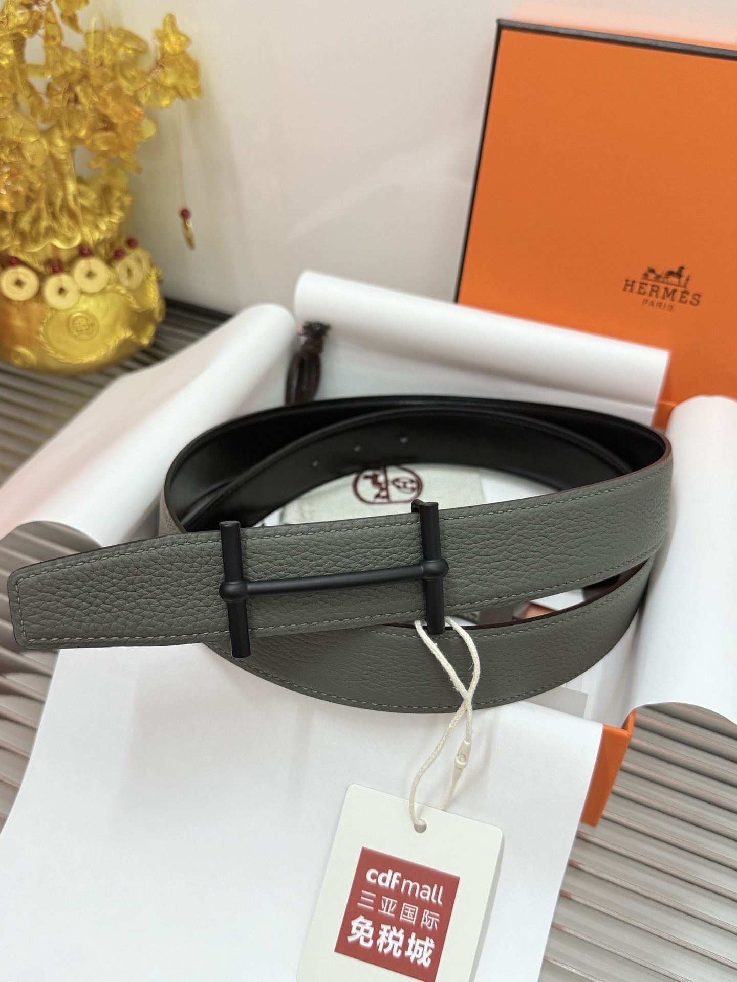 Hermes Grey Togo Leather Belt with Matte Black H Buckle