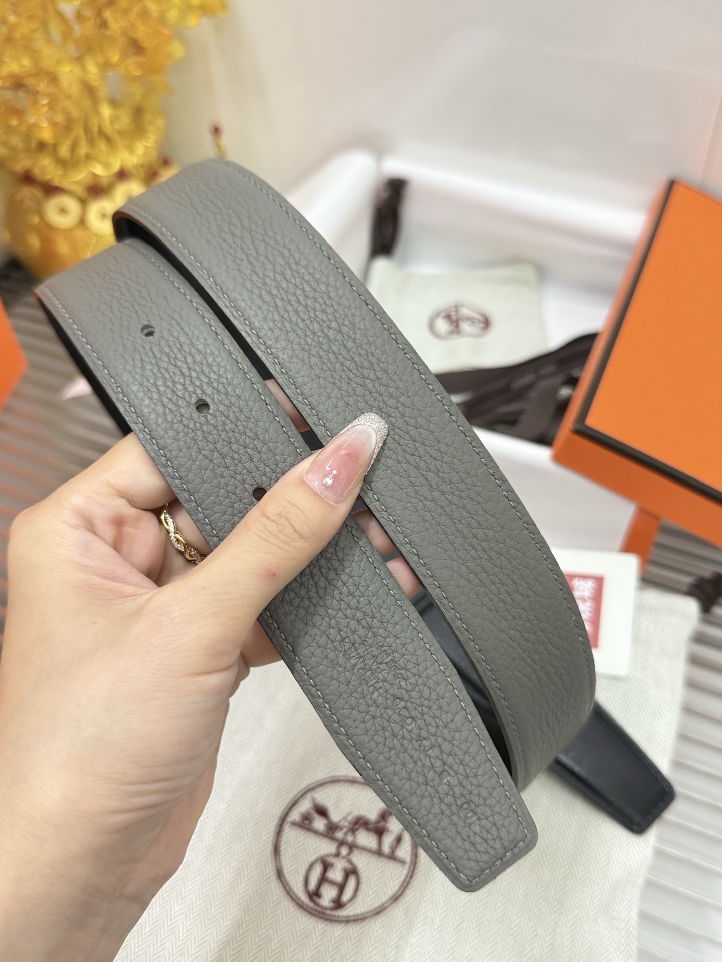 Hermes Grey Togo Leather Belt with Matte Black H Buckle