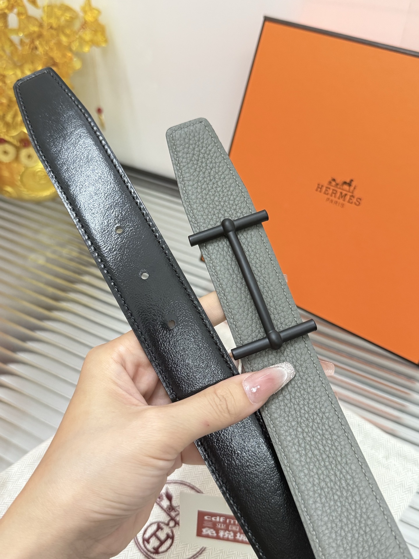 Hermes Grey Togo Leather Belt with Matte Black H Buckle