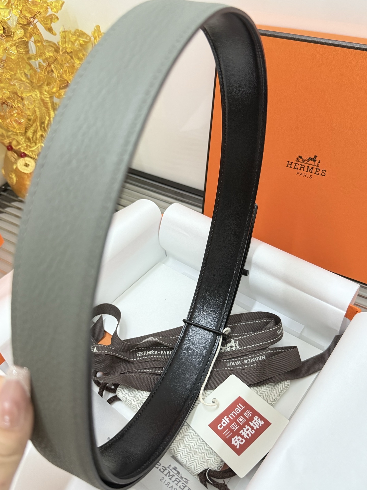 Hermes Grey Togo Leather Belt with Matte Black H Buckle