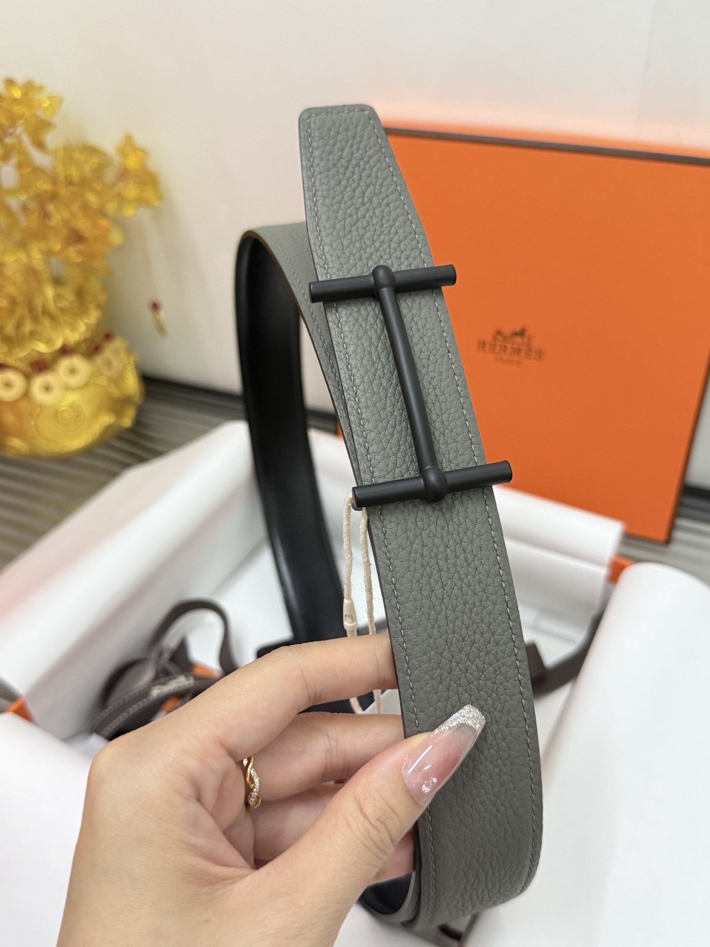 Hermes Grey Togo Leather Belt with Matte Black H Buckle