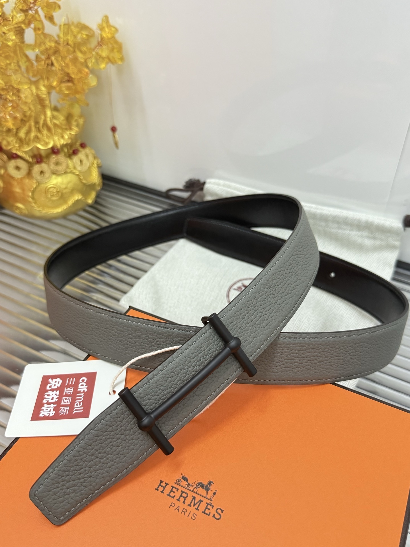 Hermes Grey Togo Leather Belt with Matte Black H Buckle
