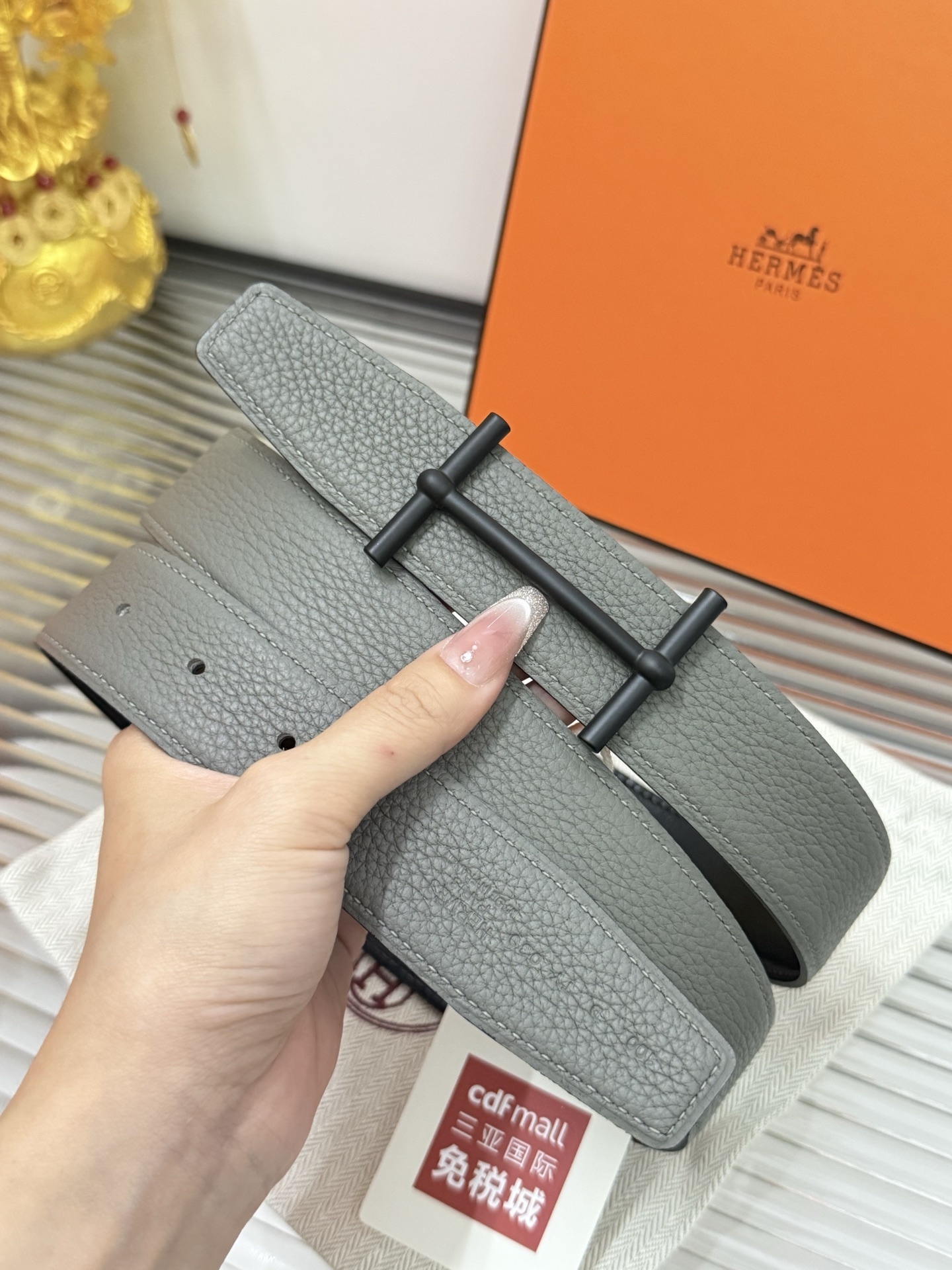 Hermes Grey Togo Leather Belt with Matte Black H Buckle