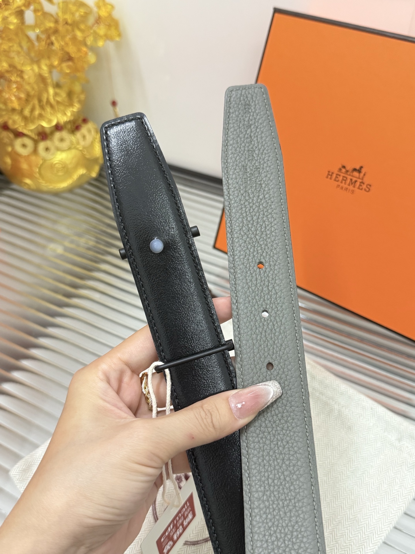 Hermes Grey Togo Leather Belt with Matte Black H Buckle