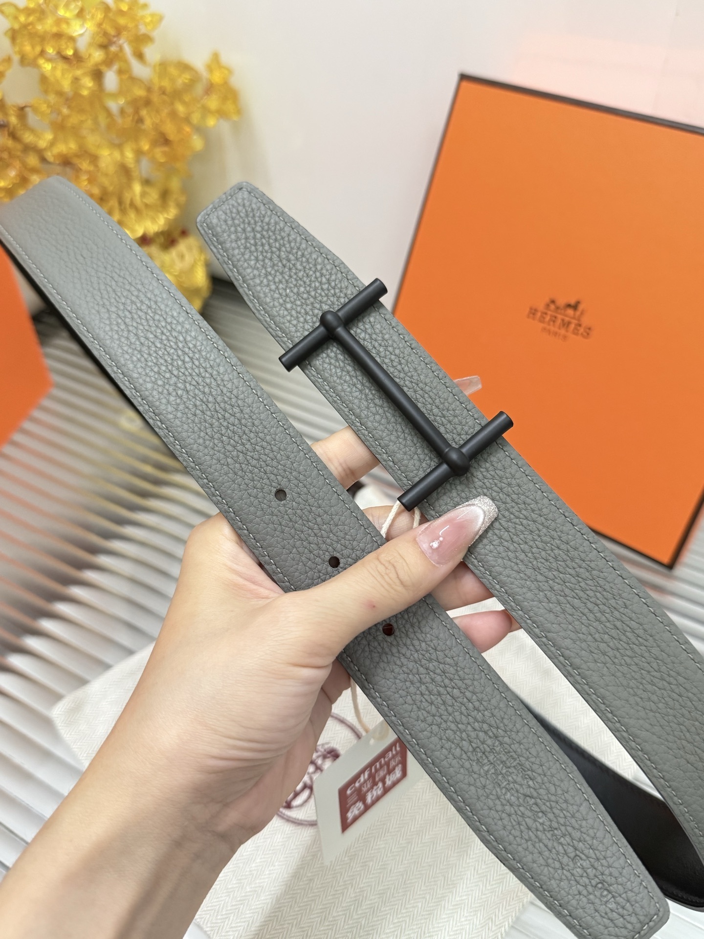 Hermes Grey Togo Leather Belt with Matte Black H Buckle