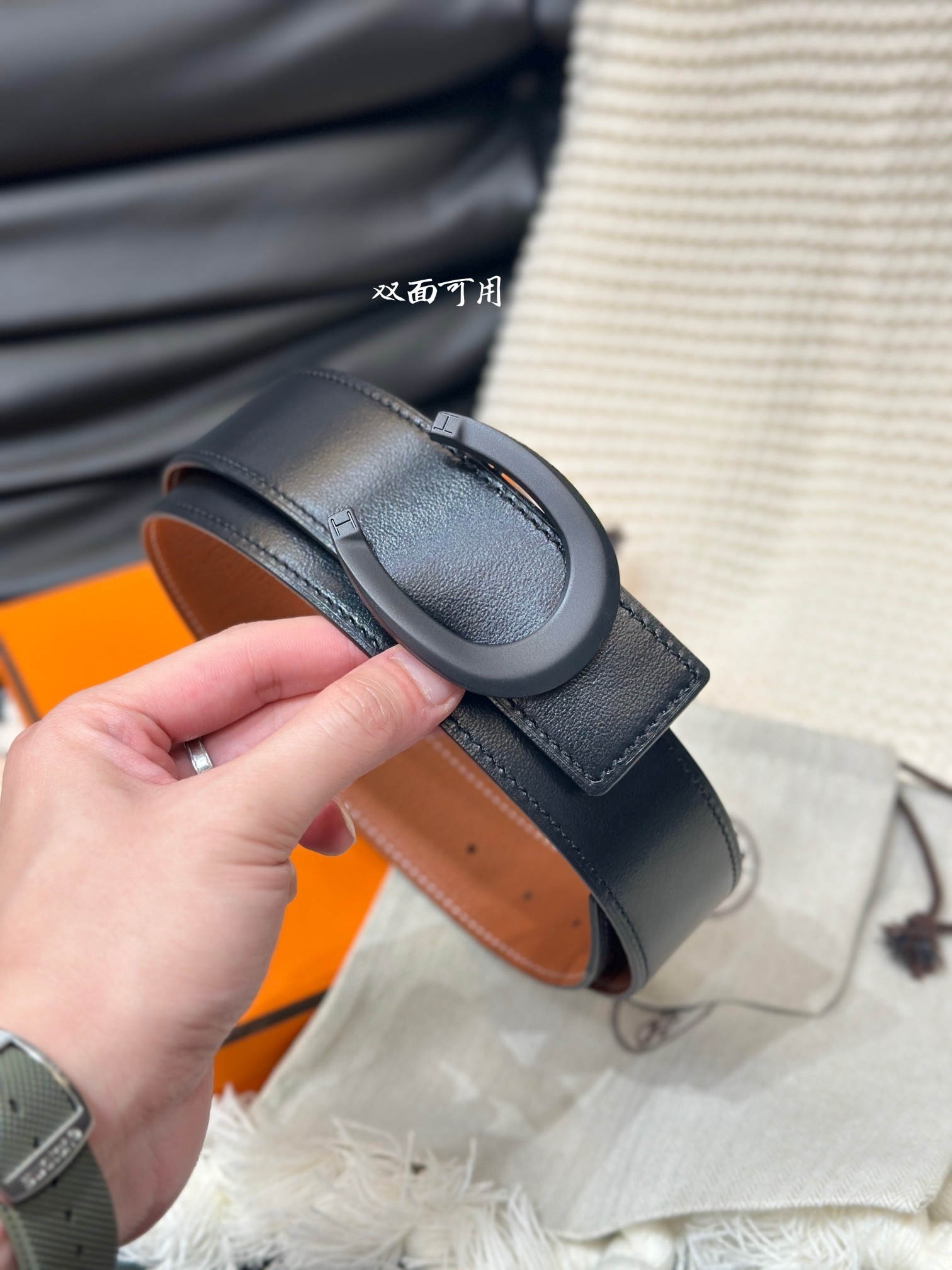 Hermes 38mm Reversible Leather Belt with Matte Black Luck Buckle