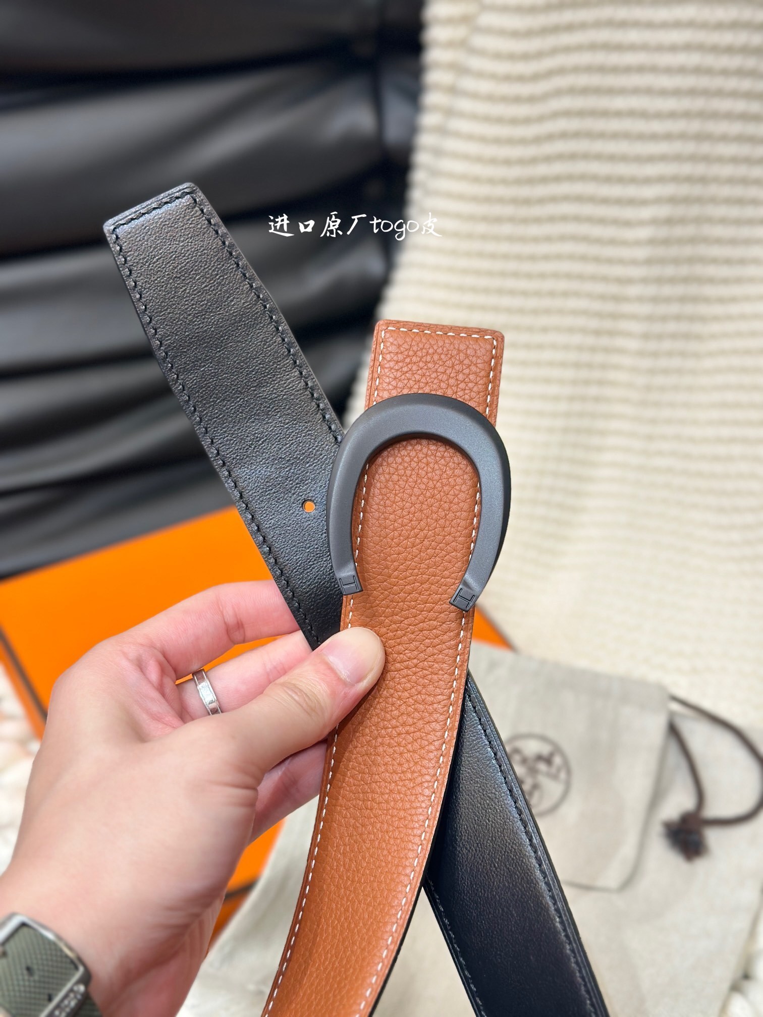 Hermes 38mm Reversible Leather Belt with Matte Black Luck Buckle