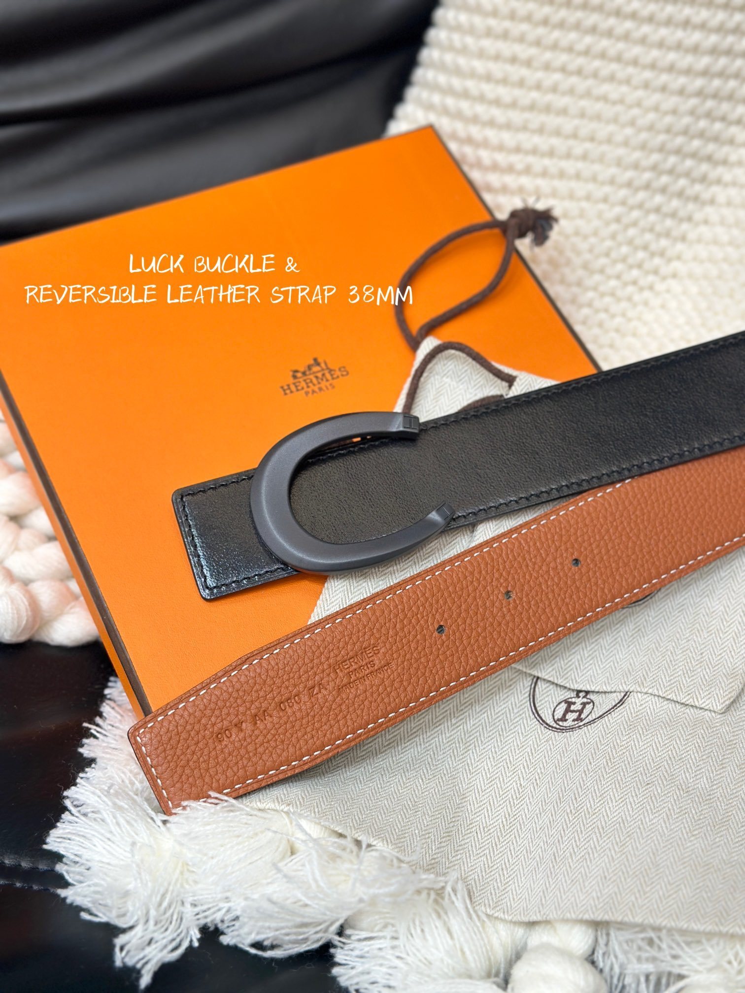 Hermes 38mm Reversible Leather Belt with Matte Black Luck Buckle