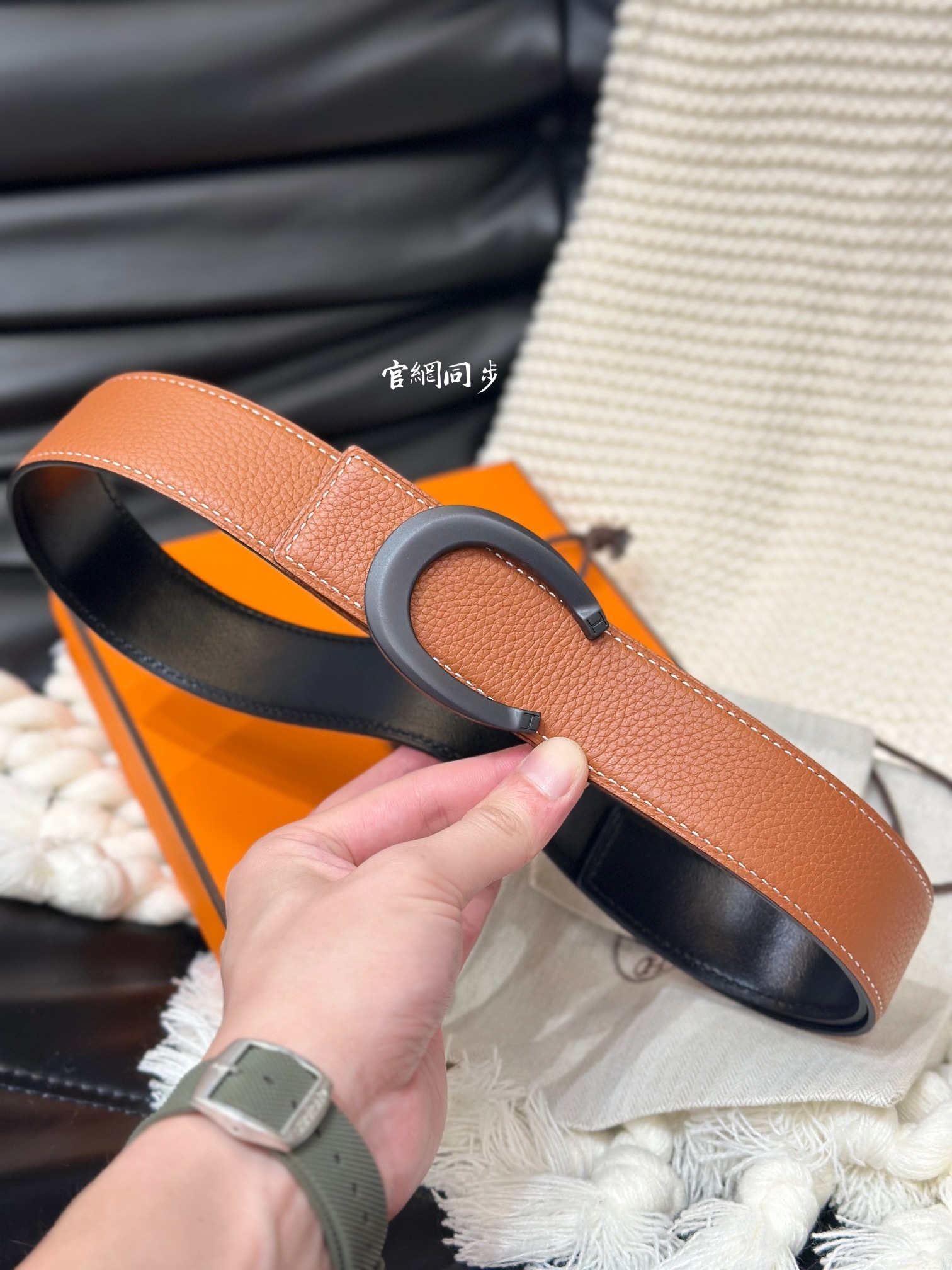 Hermes 38mm Reversible Leather Belt with Matte Black Luck Buckle