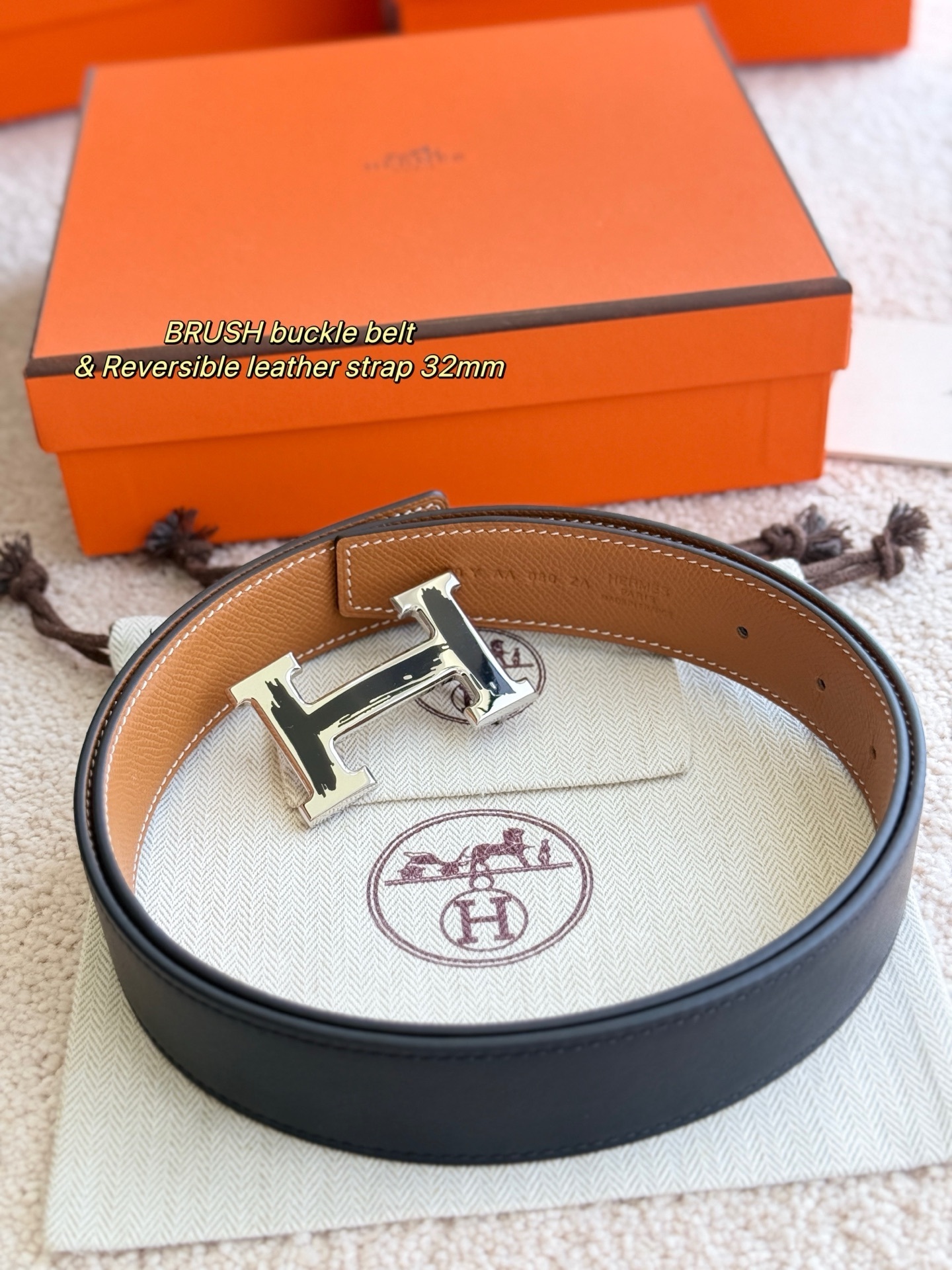 Luxury 32mm Reversible Leather Belt with Brushed H Buckle