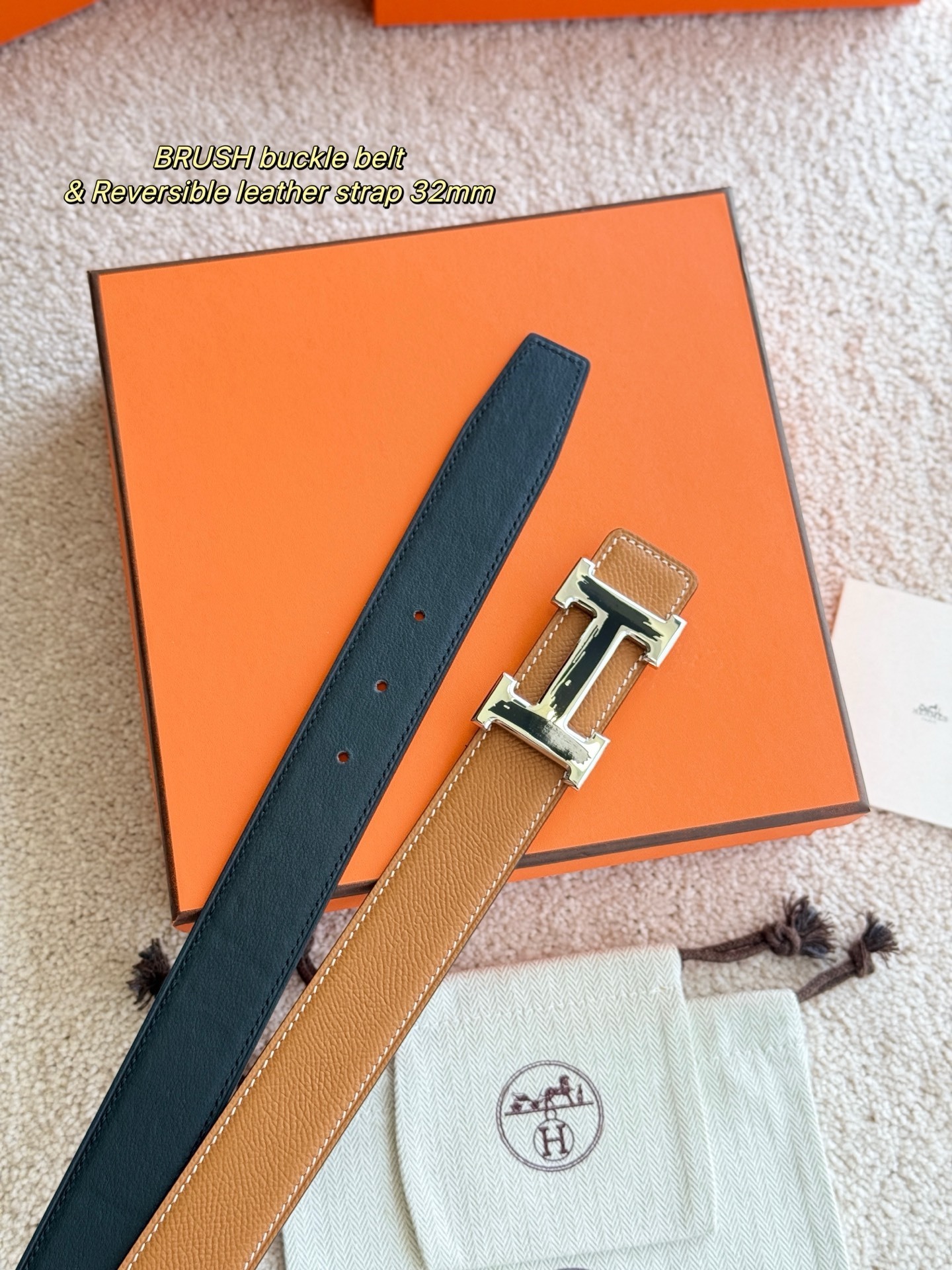 Luxury 32mm Reversible Leather Belt with Brushed H Buckle