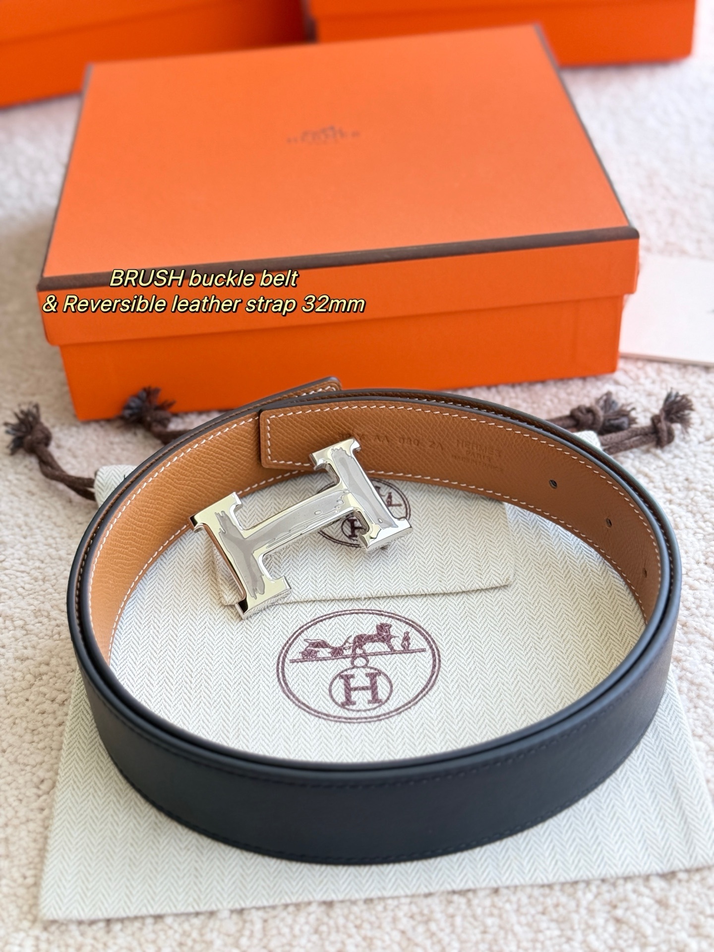 Premium 32mm Reversible Leather Belt with Brushed Silver H Buckle