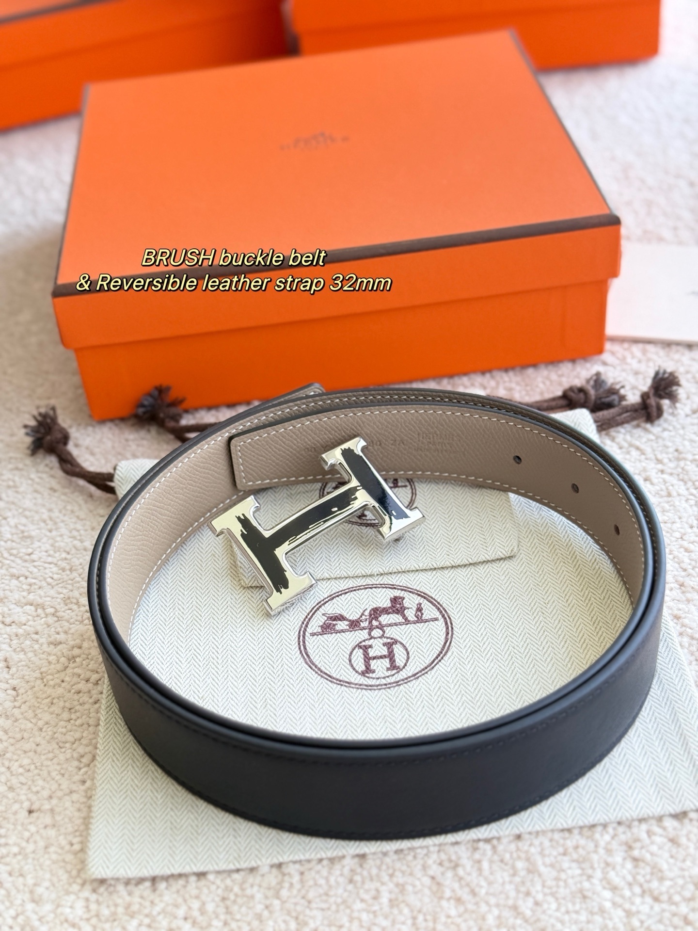 Luxury 32mm Reversible Leather Belt with Brushed H Buckle