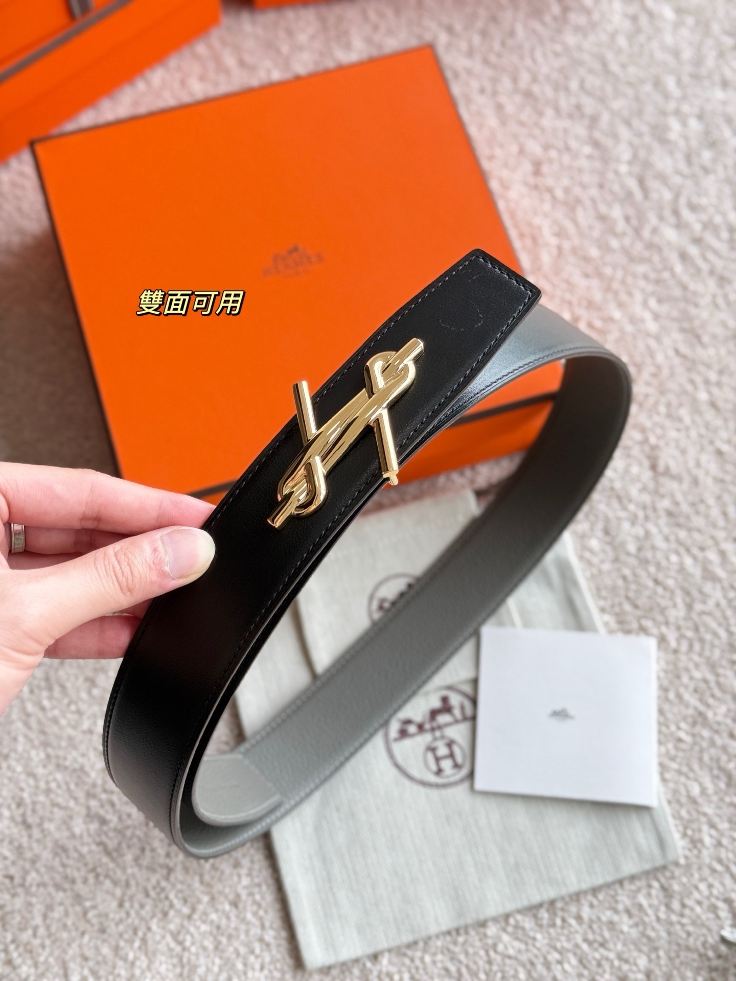 Hermès H Noué 38mm Reversible Leather Belt with Gold Buckle