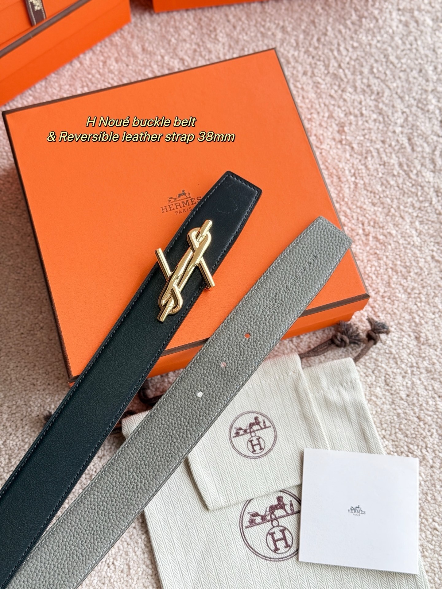 Hermès H Noué 38mm Reversible Leather Belt with Gold Buckle