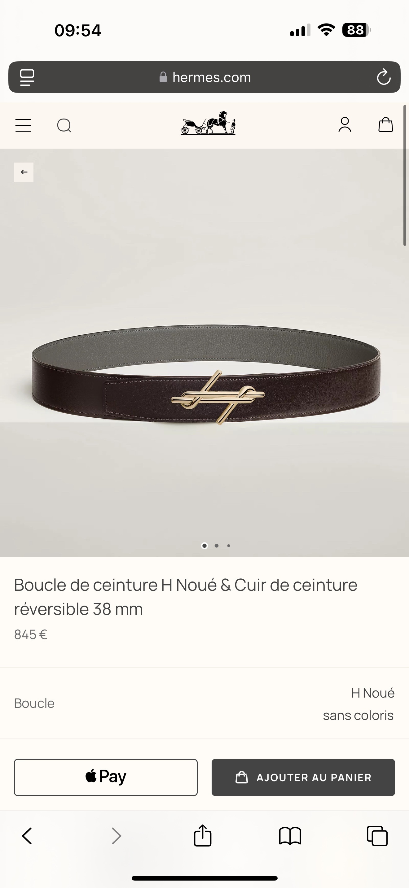 Hermès H Noué 38mm Reversible Leather Belt with Gold Buckle